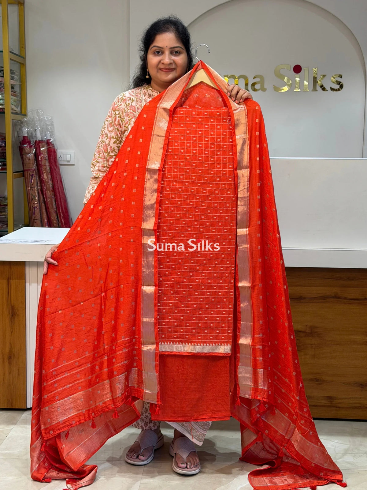 Assam Silk Dress Materials with Butti Dupatta Orange Color