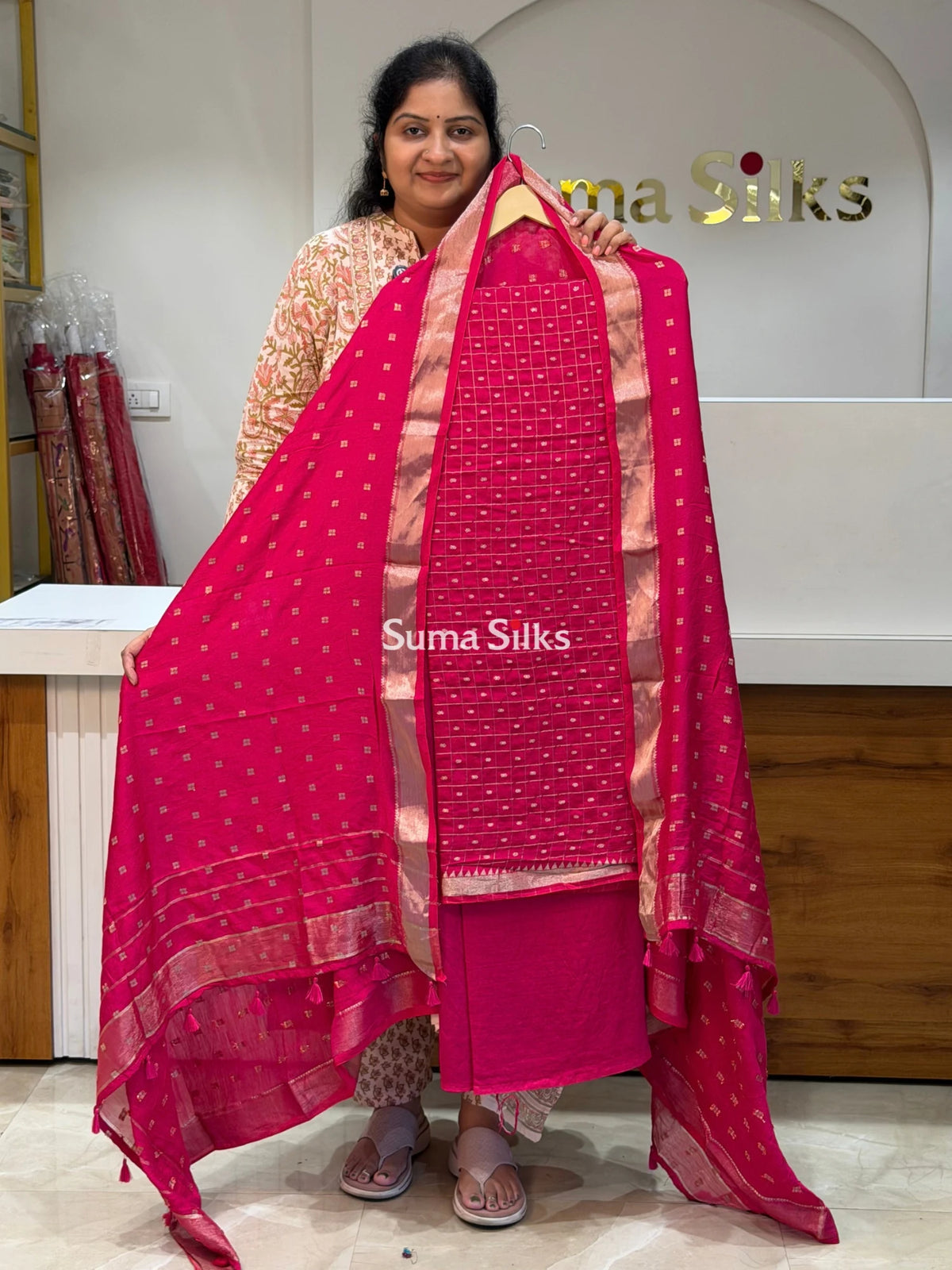 Assam Silk Dress Materials with Butti Dupatta Rani Color