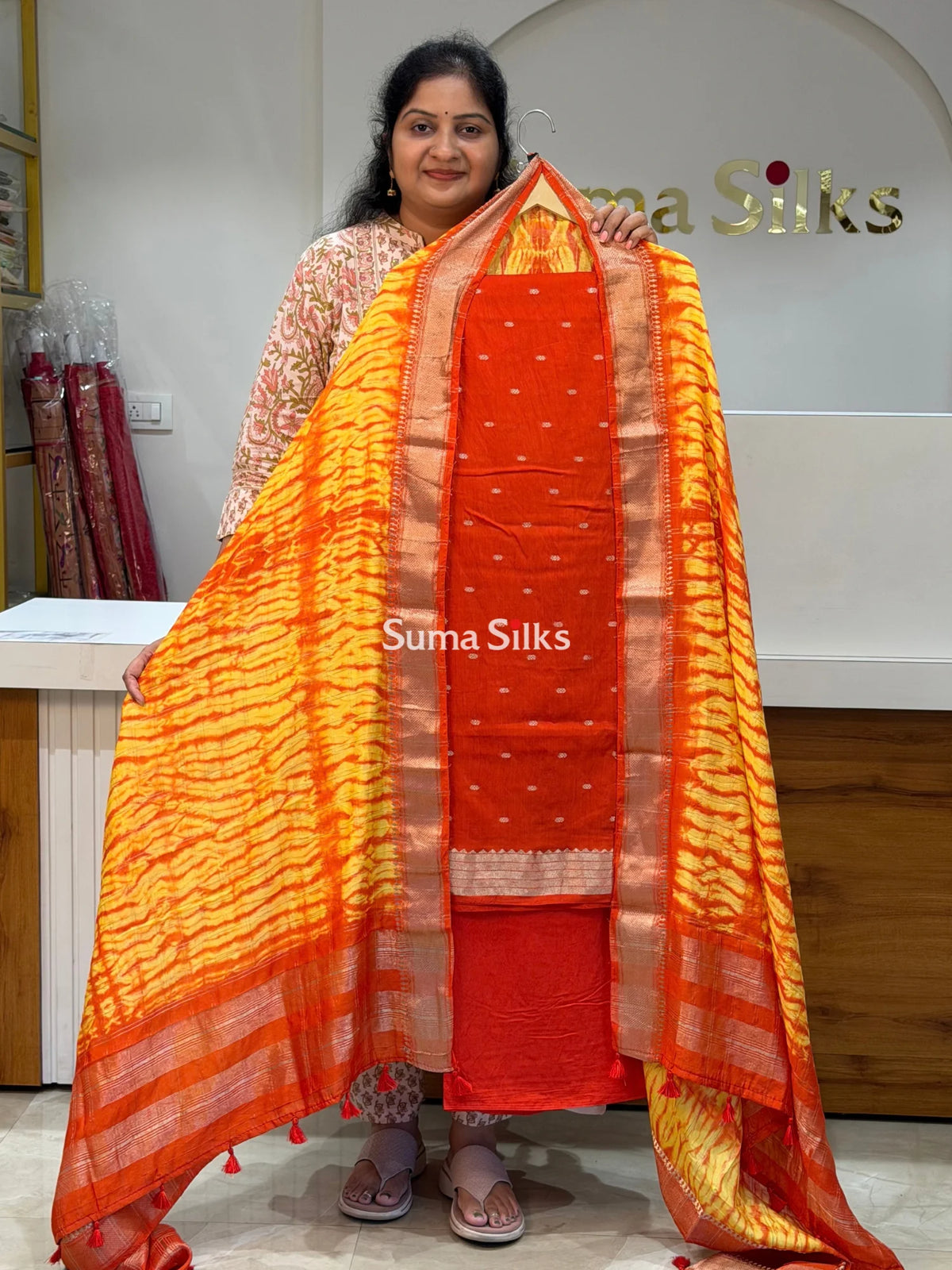 Assam Silk with Shibori Dupatta Rust Color
