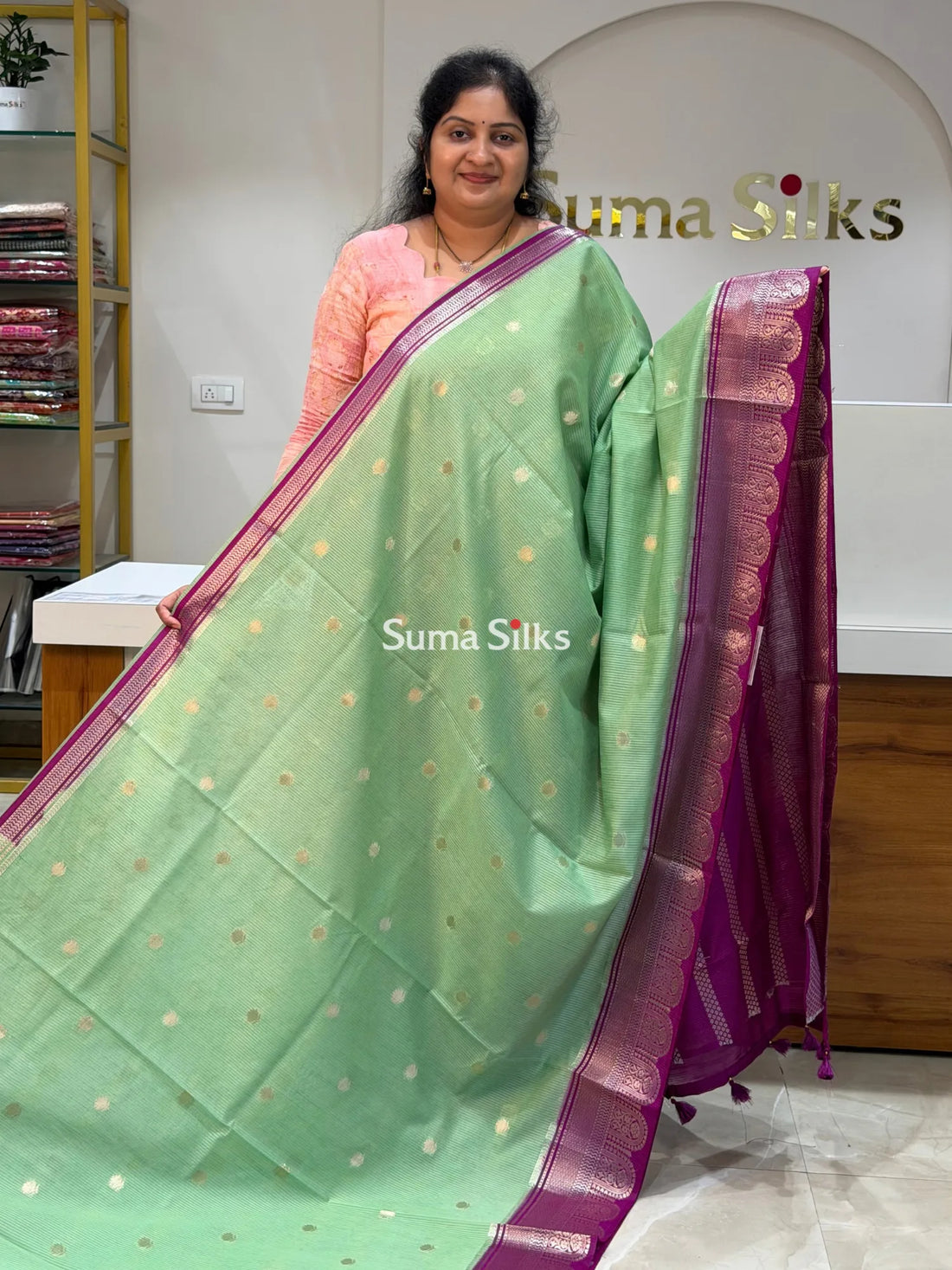 Banaras Chiniya Silk Sarees Pista Color