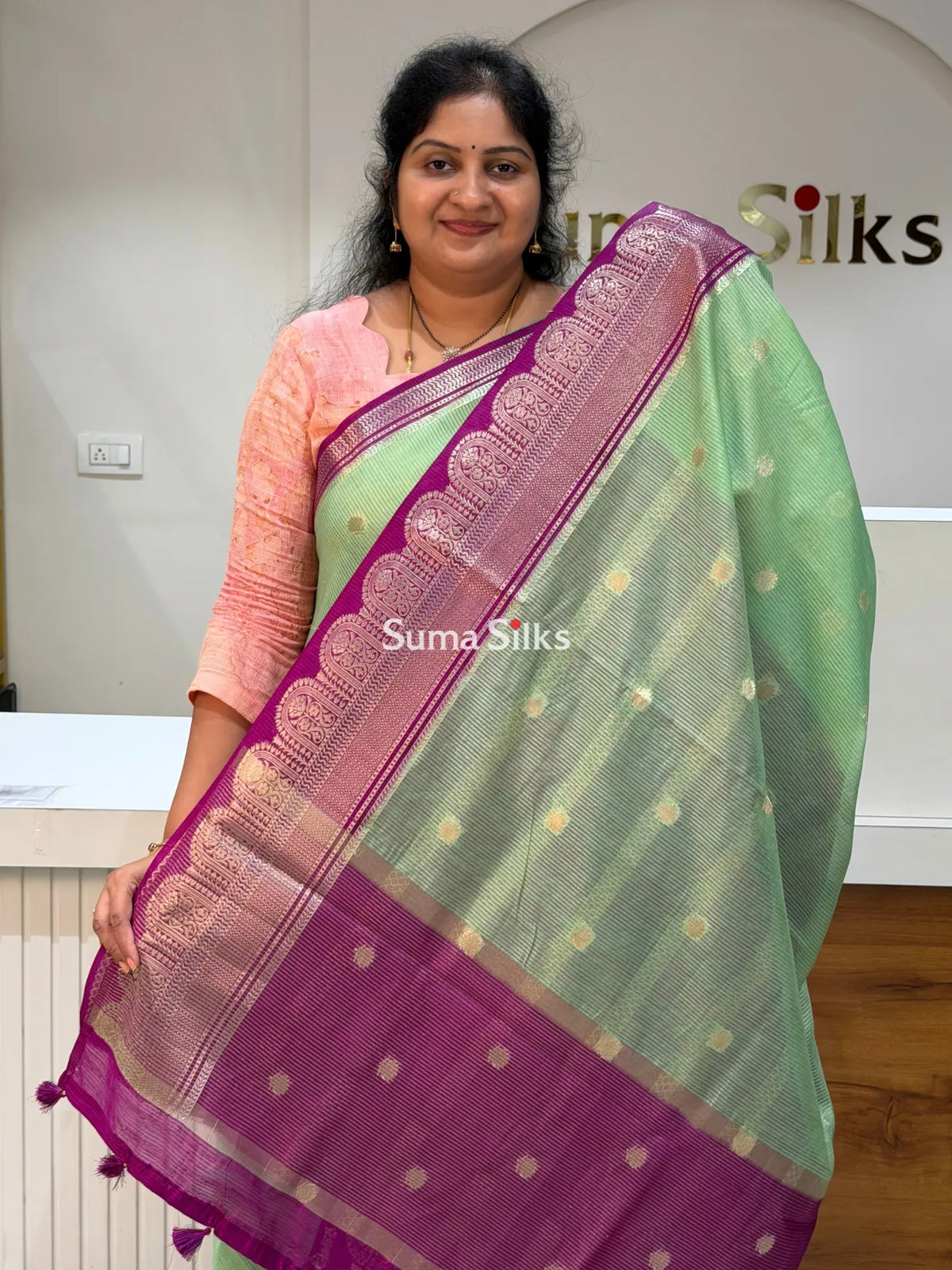 Banaras Chiniya Silk Sarees Pista Color