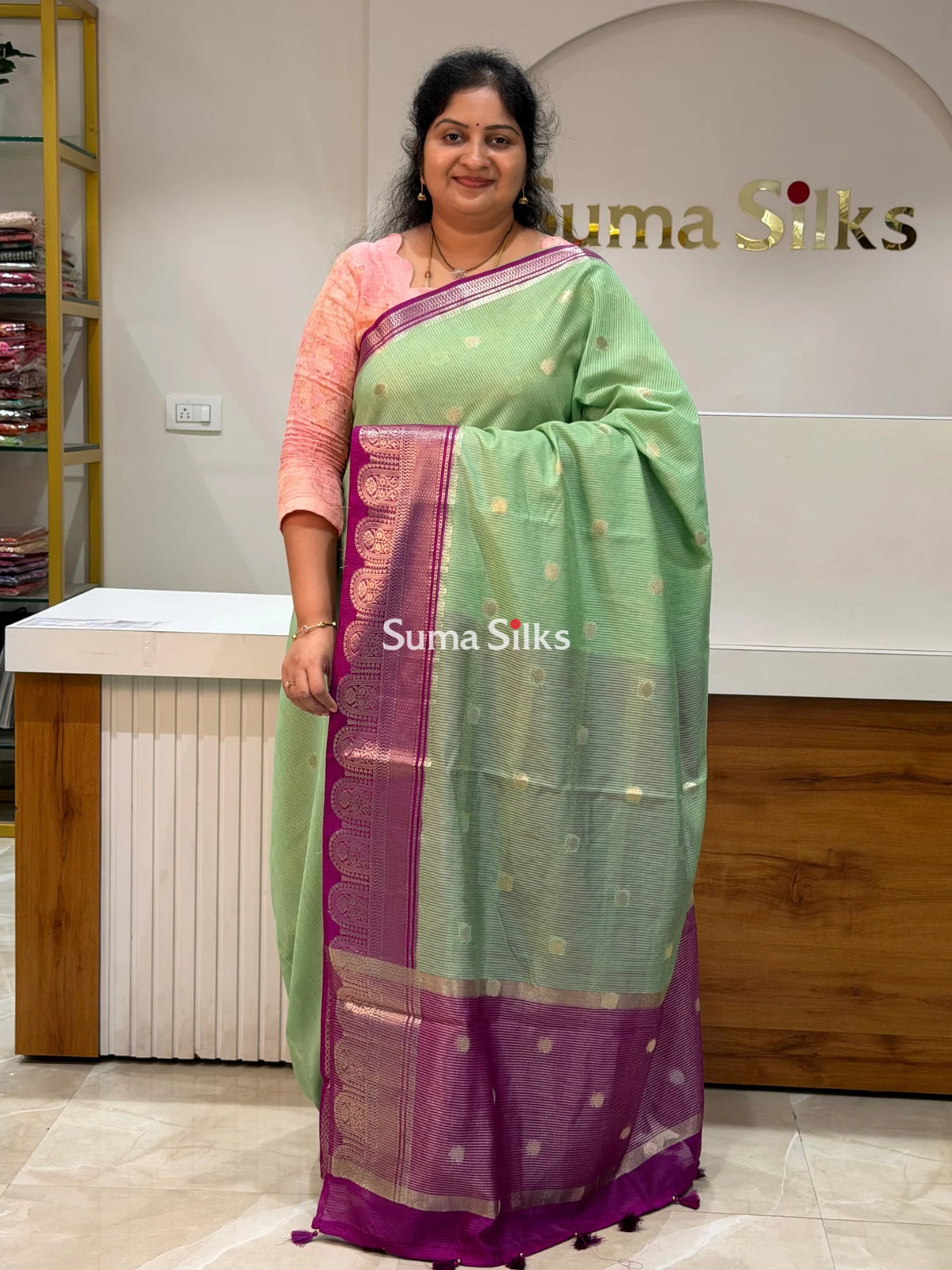 Banaras Chiniya Silk Sarees Pista Color