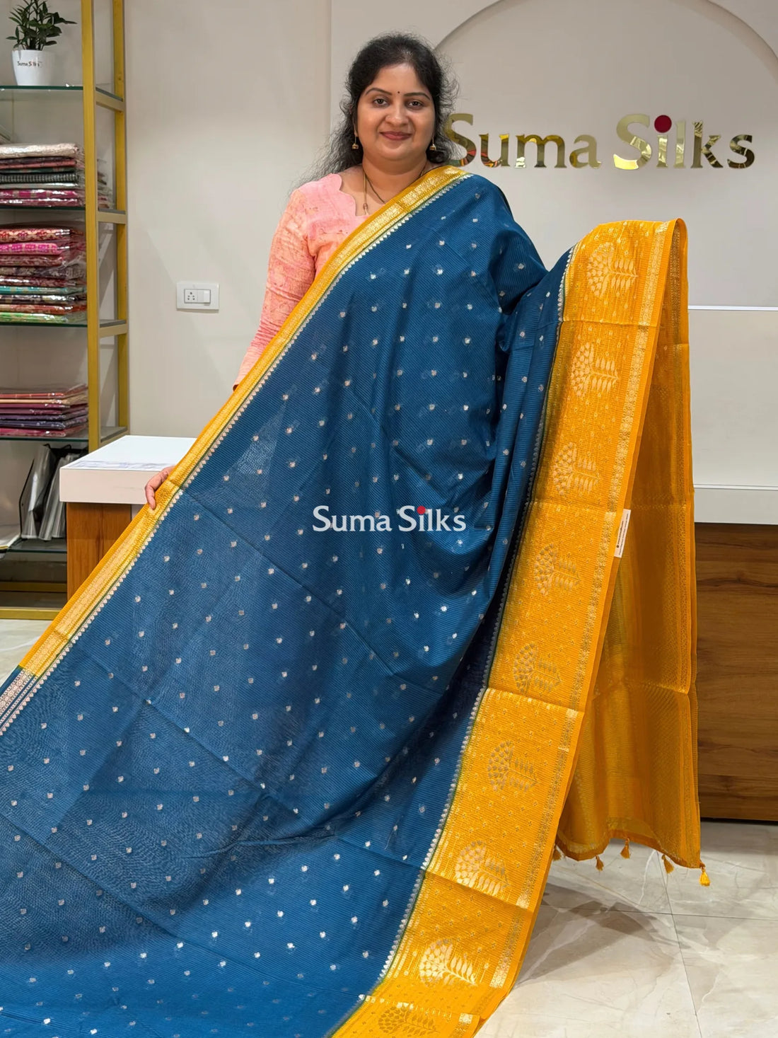 Banaras Chiniya Silk Sarees Vintage Border Peacock Blue Color