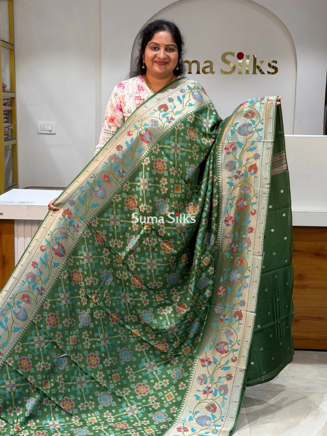 Banarasi Patola Saree with Paithani Border Green Color