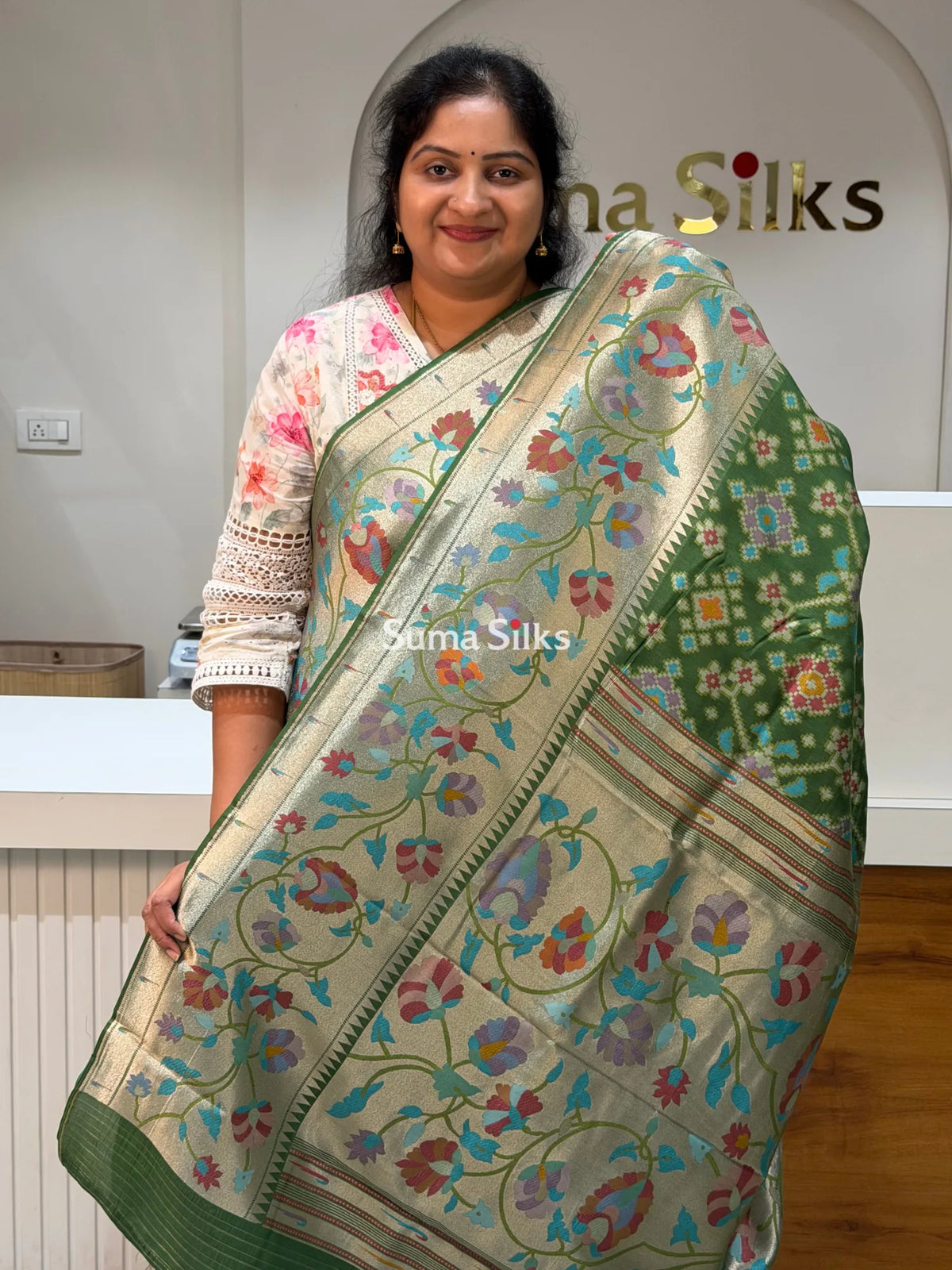 Banarasi Patola Saree with Paithani Border Green Color