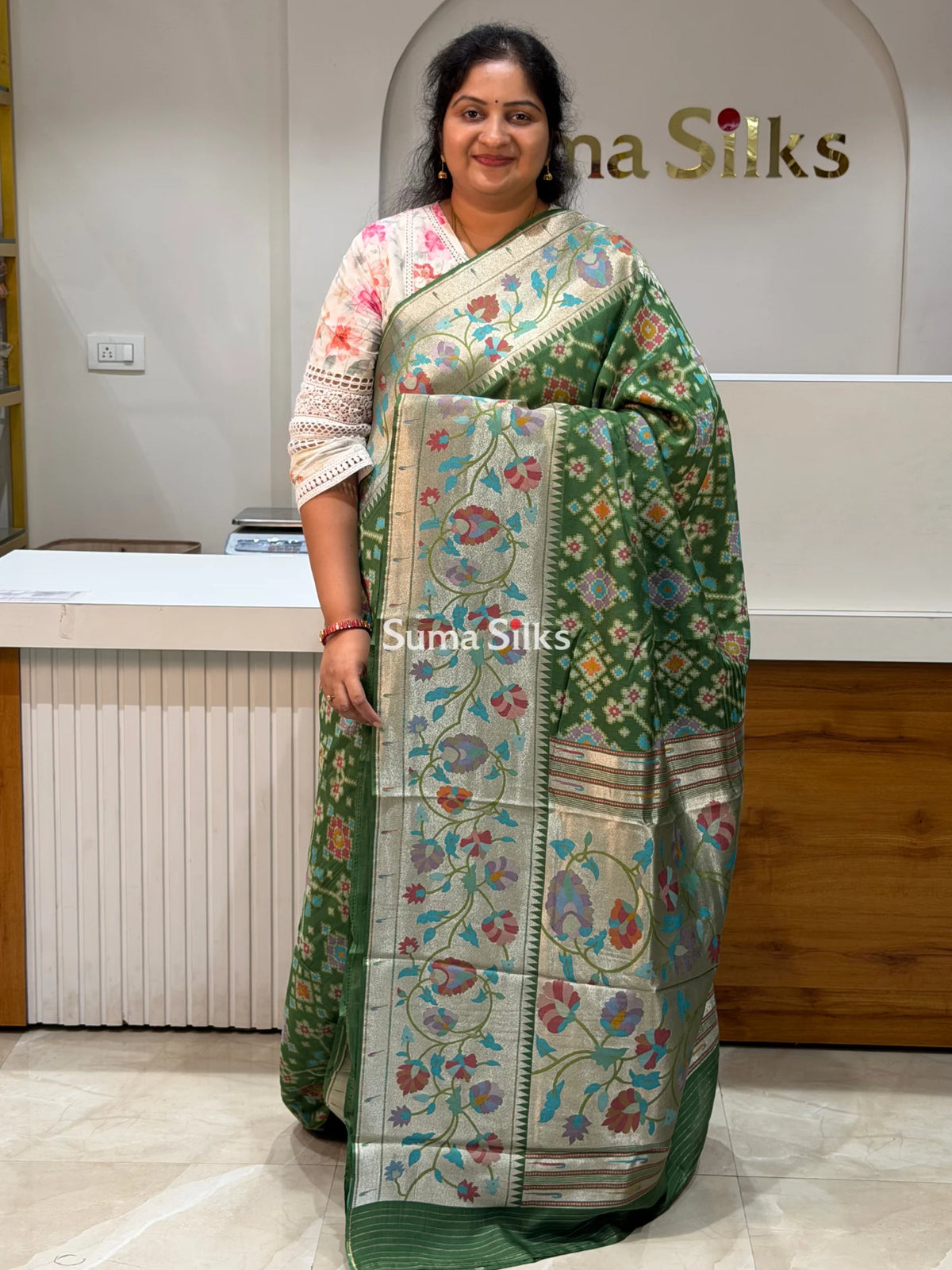 Banarasi Patola Saree with Paithani Border Green Color