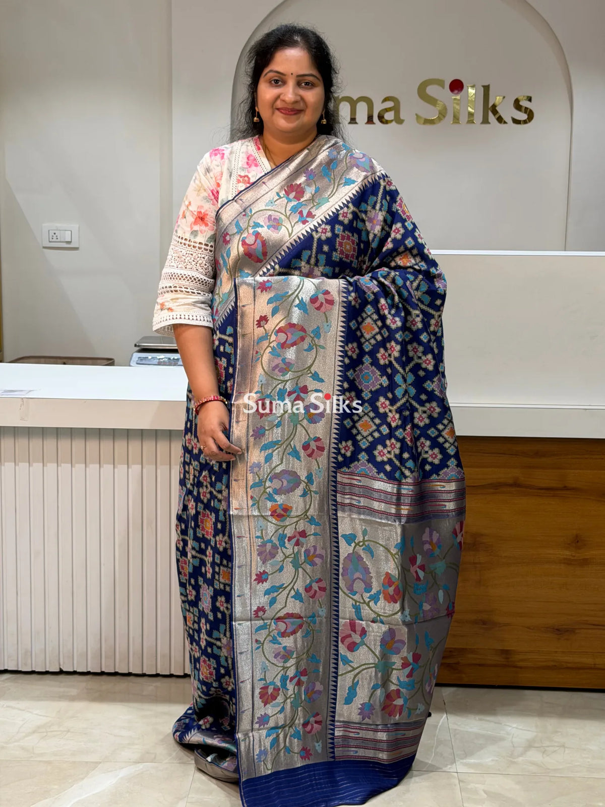 Banarasi Patola Saree with Paithani Border Navy Color