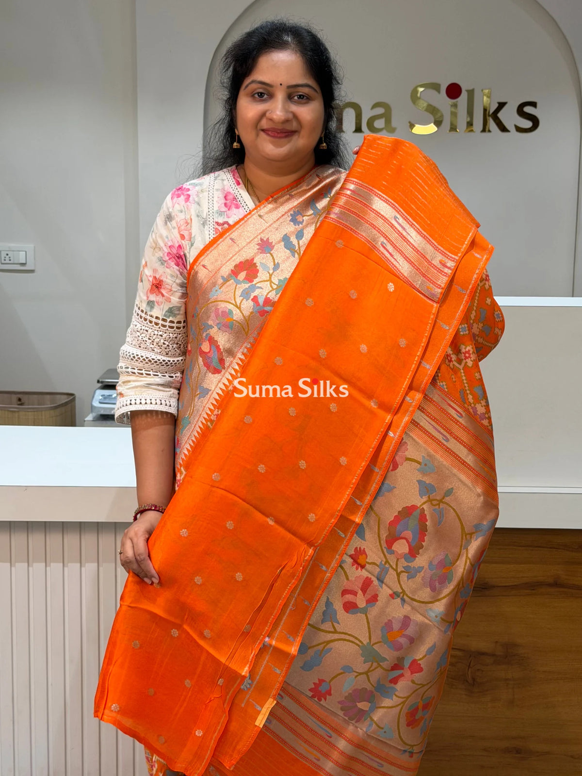Banarasi Patola Saree with Paithani Border Orange Color
