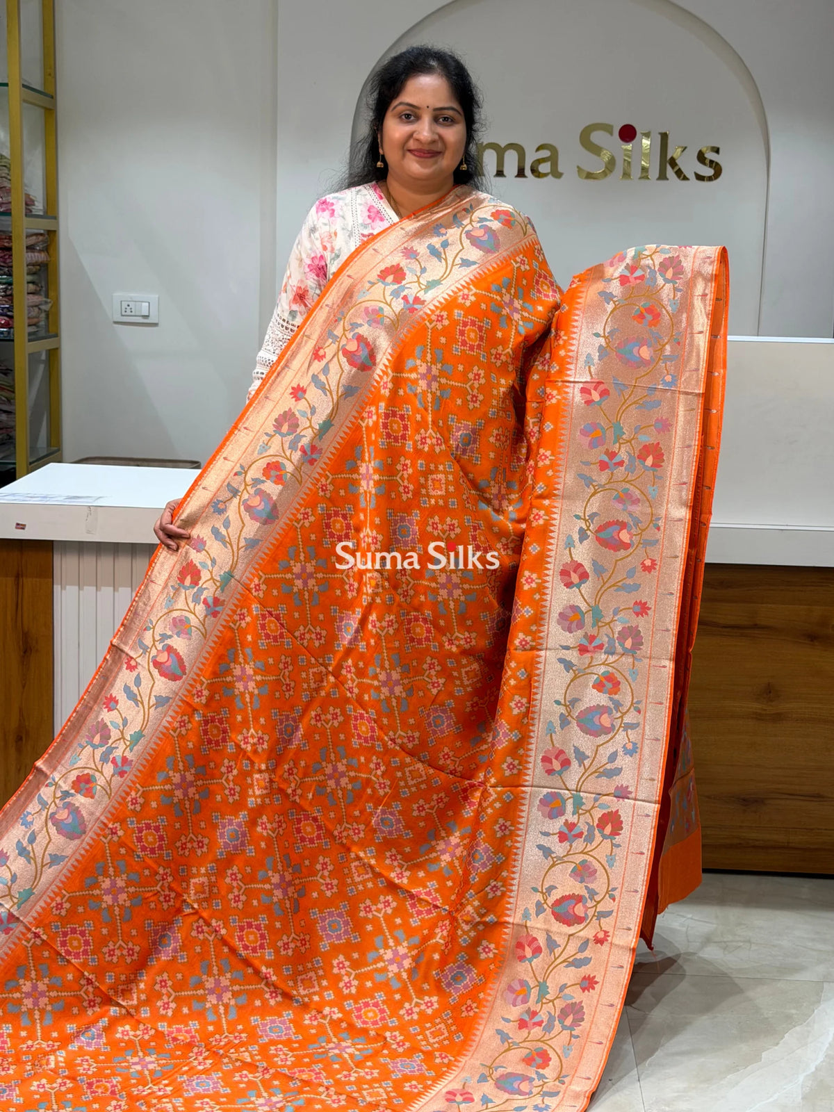 Banarasi Patola Saree with Paithani Border Orange Color