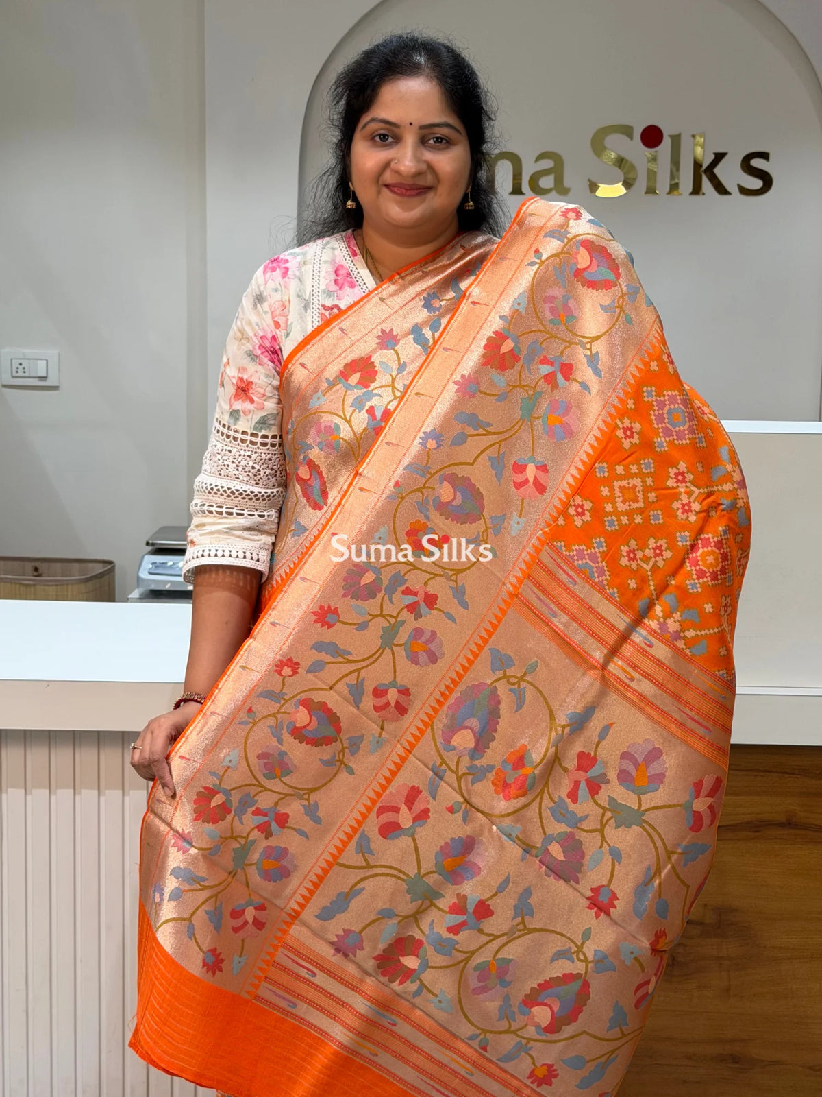 Banarasi Patola Saree with Paithani Border Orange Color