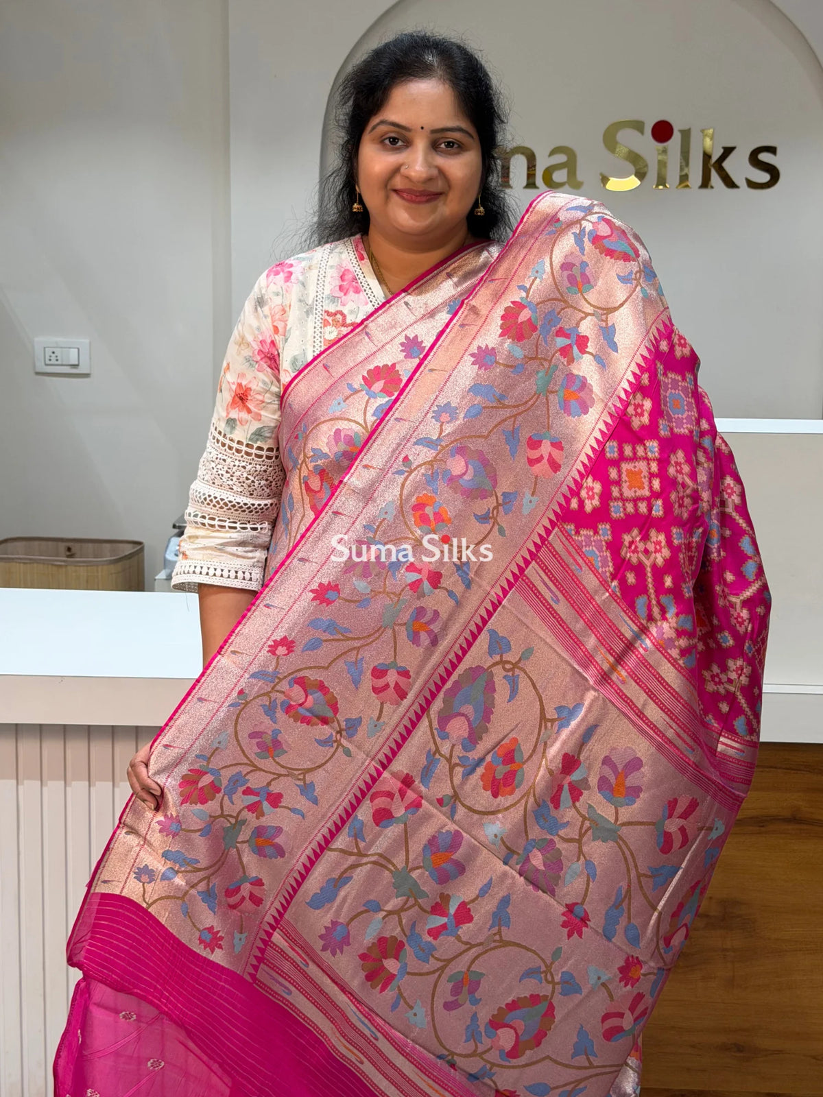 Banarasi Patola Saree with Paithani Border Pink Color