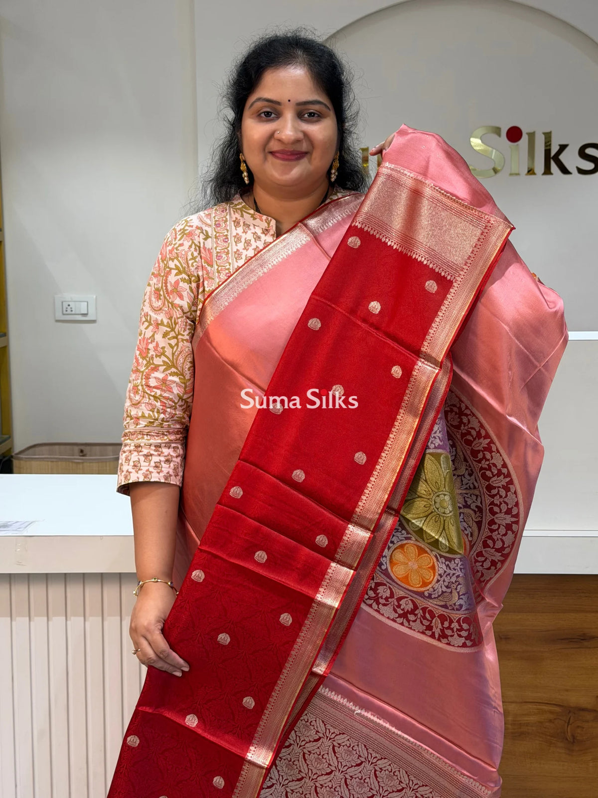 Banarasi Satin Silk Chakra Motif Design Saree Peach Color