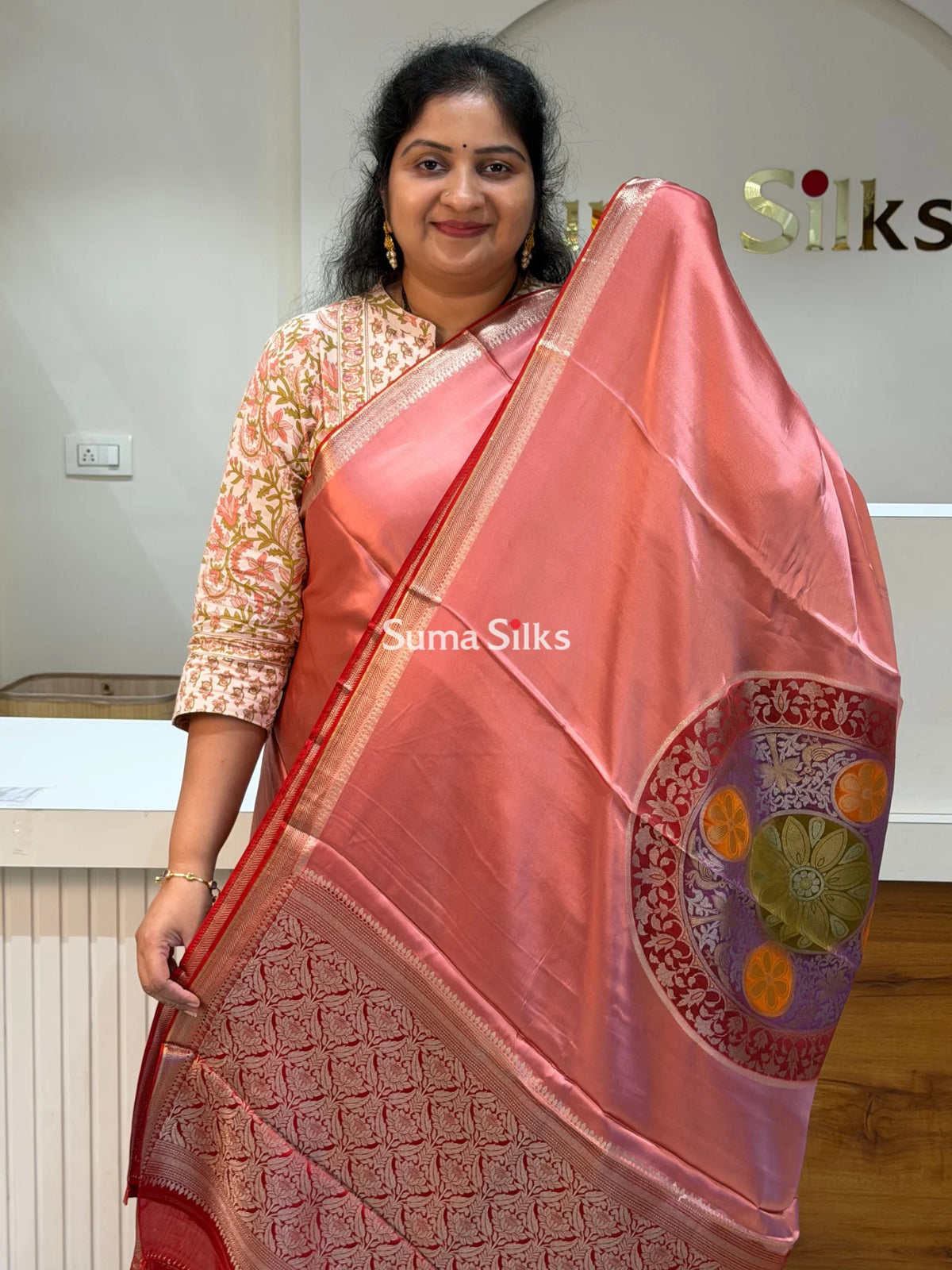 Banarasi Satin Silk Chakra Motif Design Saree Peach Color