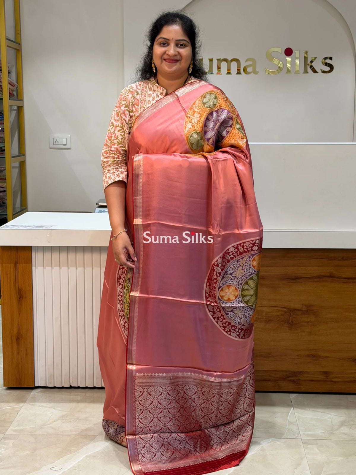 Banarasi Satin Silk Chakra Motif Design Saree Peach Color