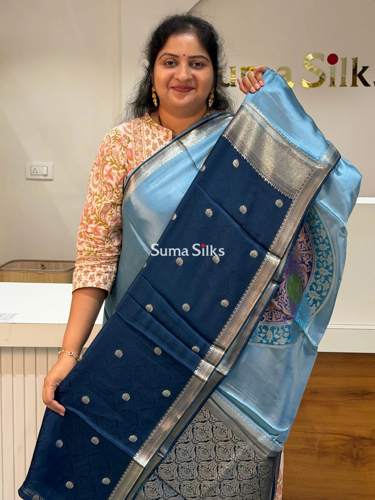 Banarasi Satin Silk Chakra Motif Design Saree Powder Blue Color