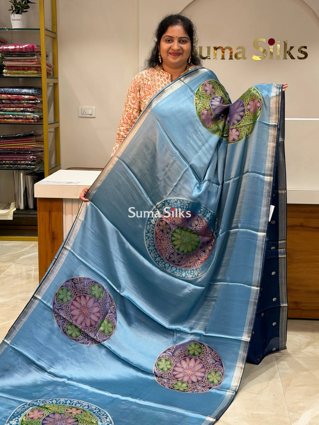 Banarasi Satin Silk Chakra Motif Design Saree Powder Blue Color