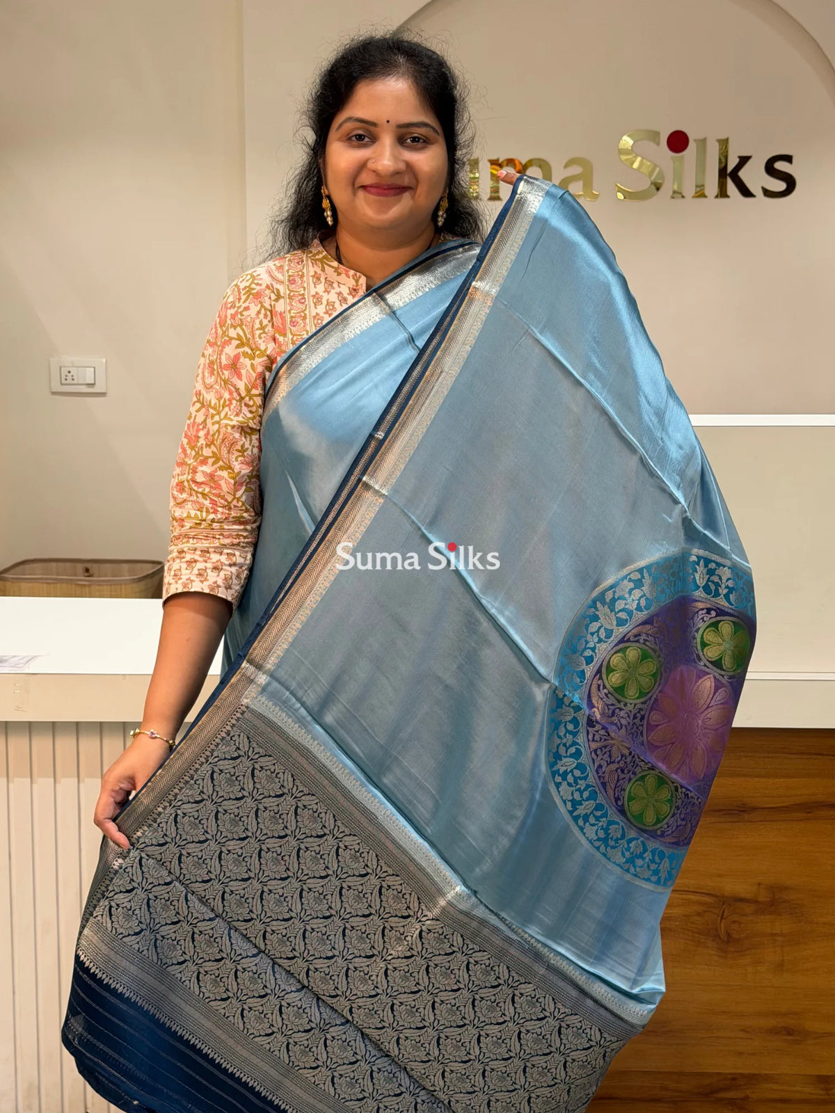 Banarasi Satin Silk Chakra Motif Design Saree Powder Blue Color