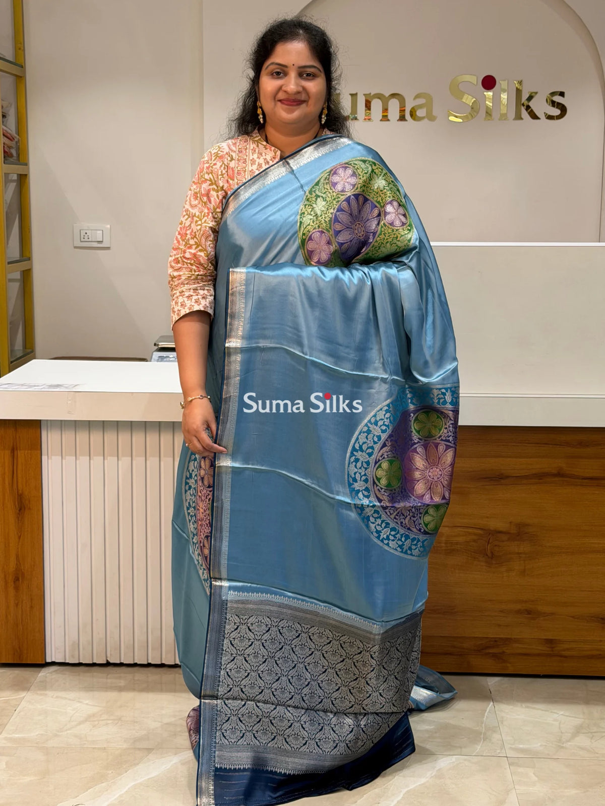 Banarasi Satin Silk Chakra Motif Design Saree Powder Blue Color