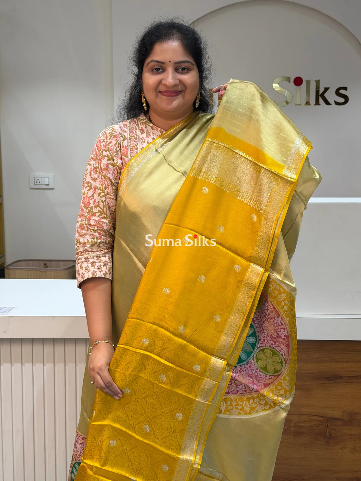 Banarasi Satin Silk Chakra Motif Design Saree Yellow Color
