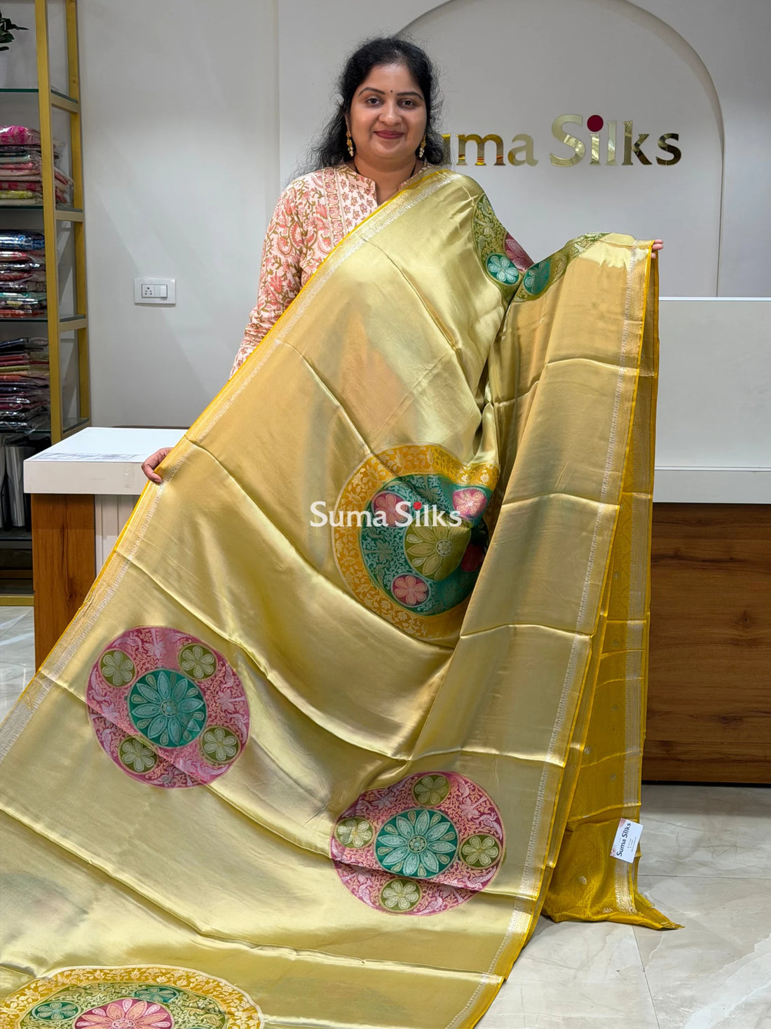 Banarasi Satin Silk Chakra Motif Design Saree Yellow Color