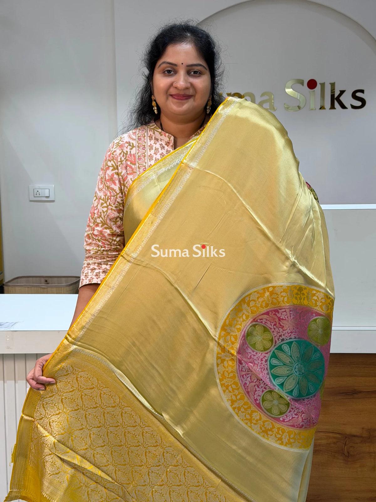 Banarasi Satin Silk Chakra Motif Design Saree Yellow Color