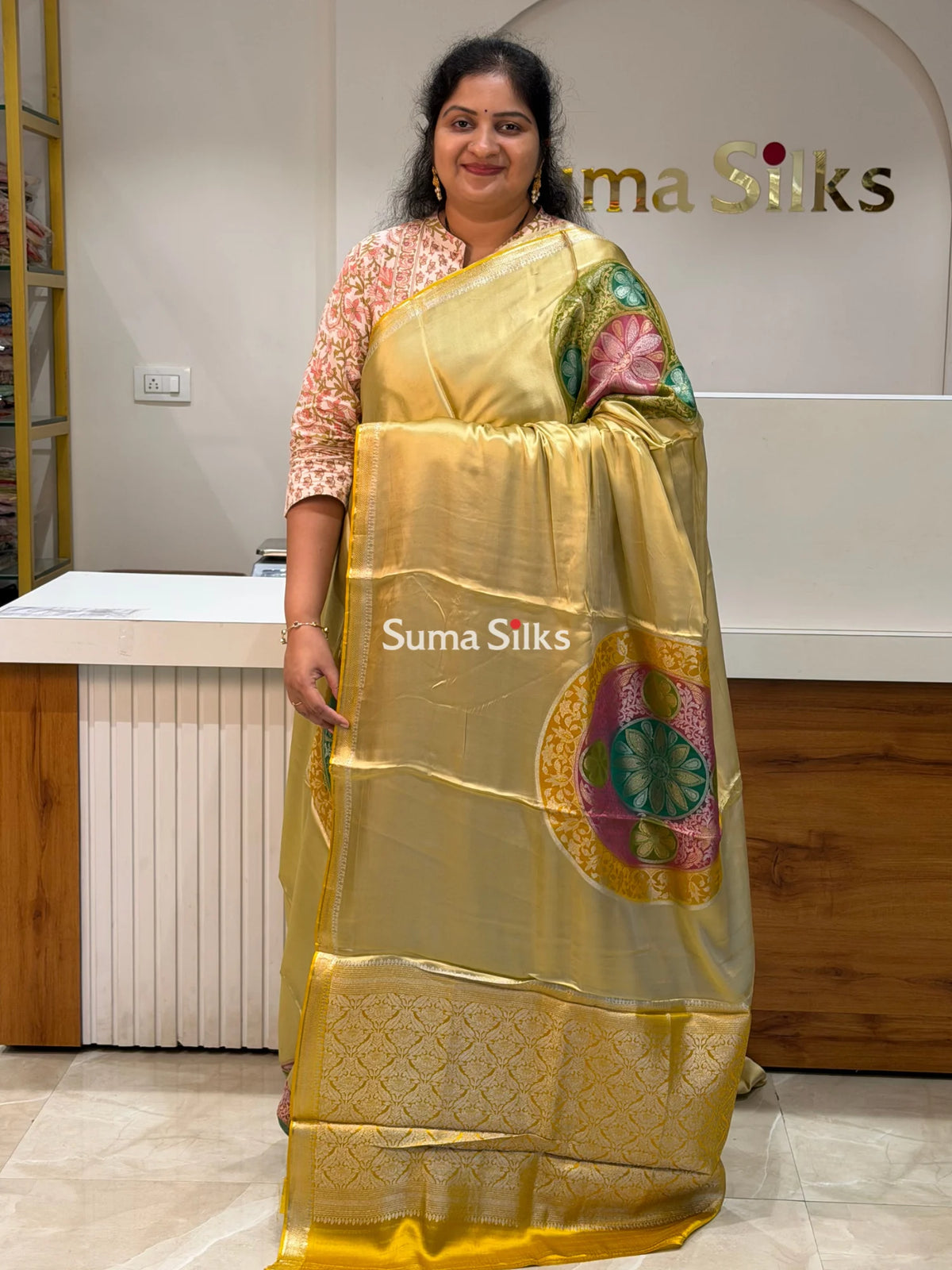 Banarasi Satin Silk Chakra Motif Design Saree Yellow Color