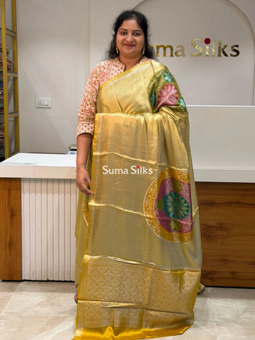 Banarasi Satin Silk Chakra Motif Design Saree Yellow Color