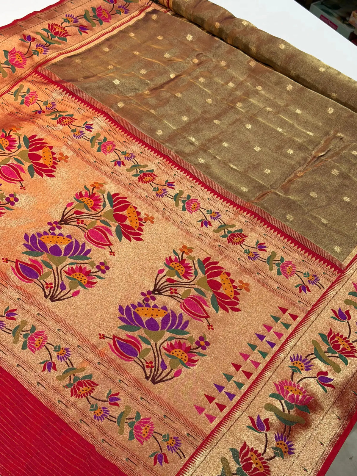 Banarasi Silk Roll Tissue Paithani Floral Design Brown