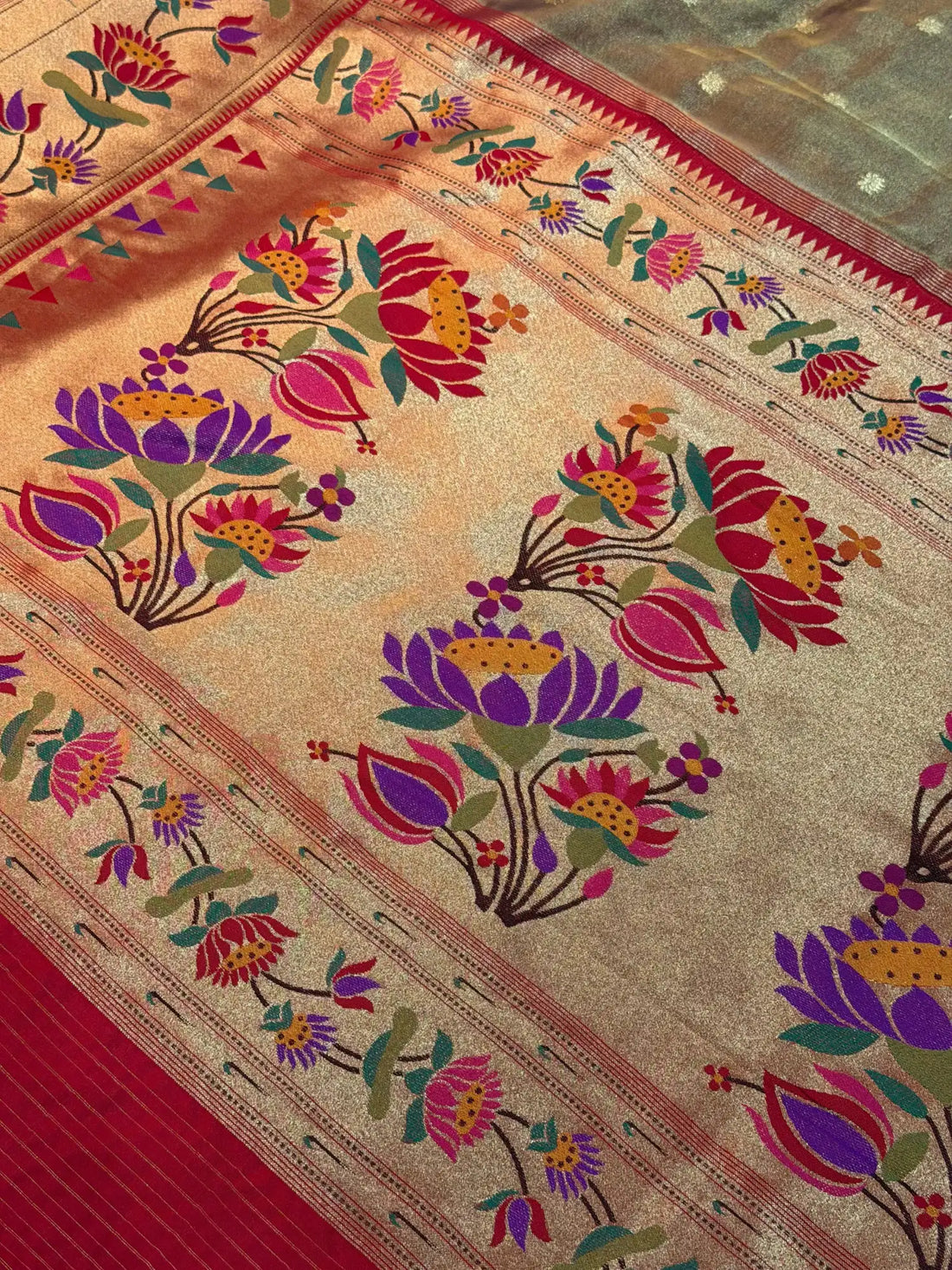 Banarasi Silk Roll Tissue Paithani Floral Design Brown