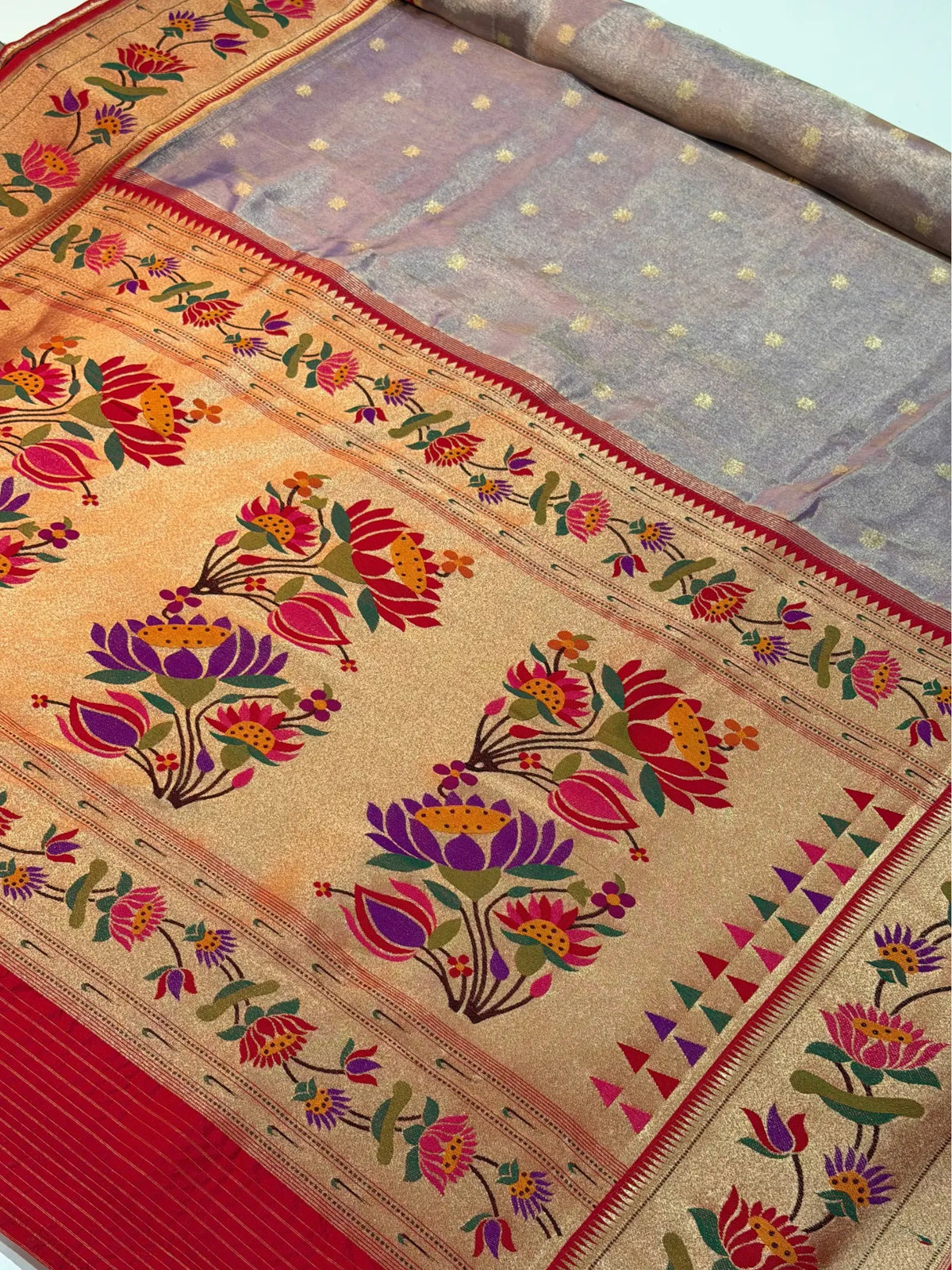 Banarasi Silk Roll Tissue Paithani Floral Design Lavender Color