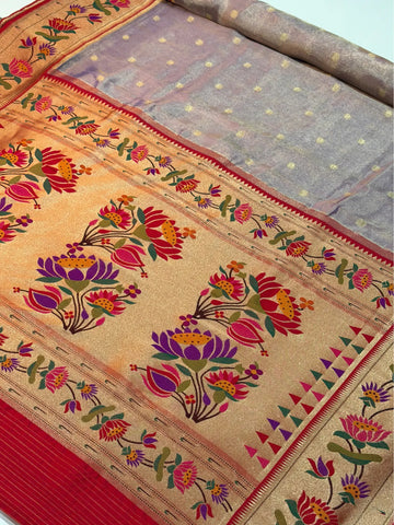 Banarasi Silk Roll Tissue Paithani Floral Design Lavender Color