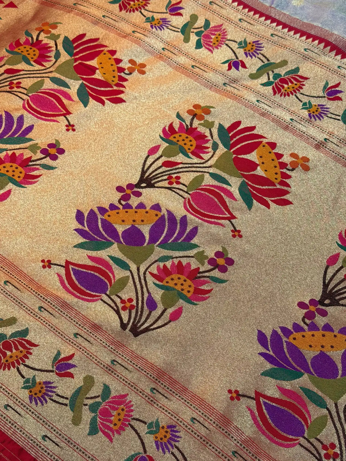 Banarasi Silk Roll Tissue Paithani Floral Design Lavender Color