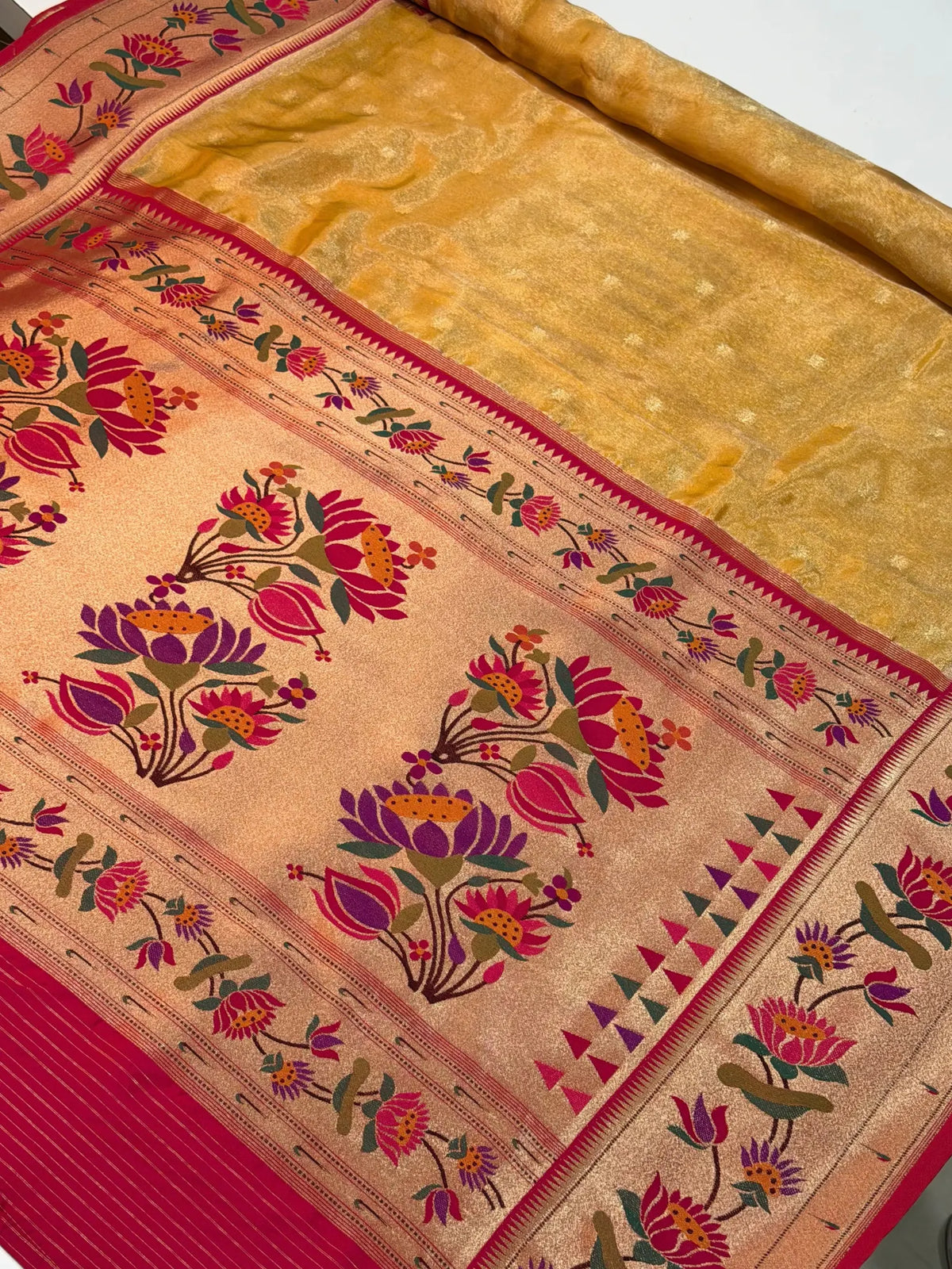 Banarasi Silk Roll Tissue Paithani Floral Design Musturd