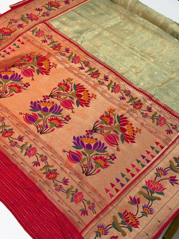 Banarasi Silk Roll Tissue Paithani Floral Design Pista