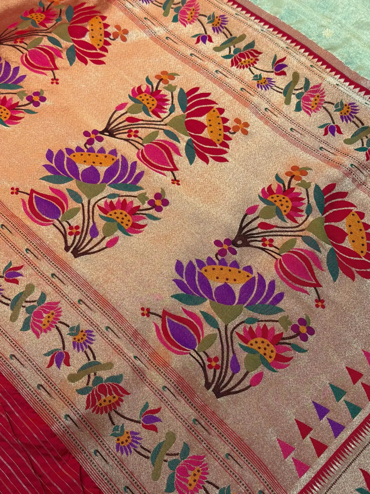 Banarasi Silk Roll Tissue Paithani Floral Design Pista