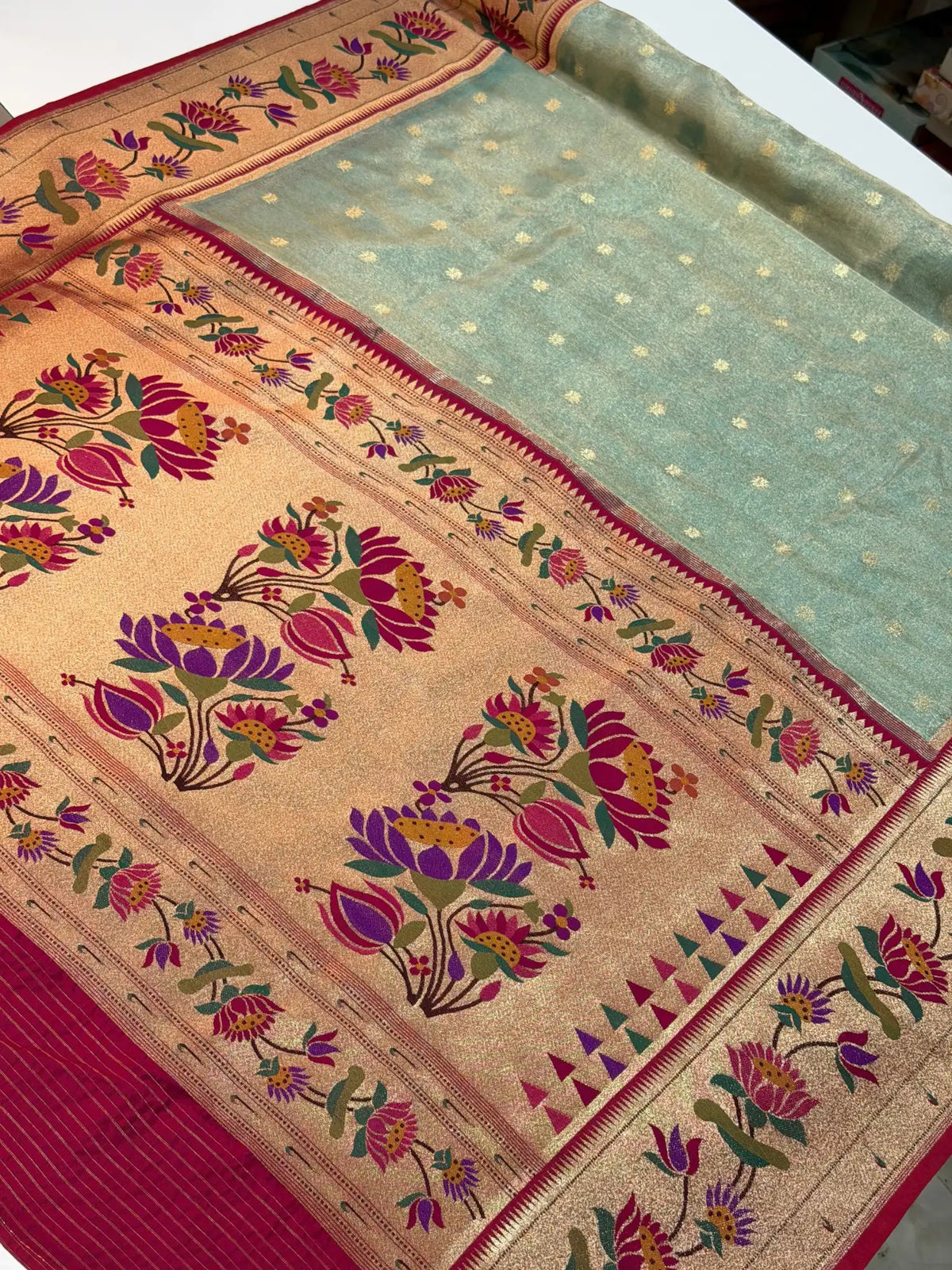 Banarasi Silk Roll Tissue Paithani Floral Design Sea Green