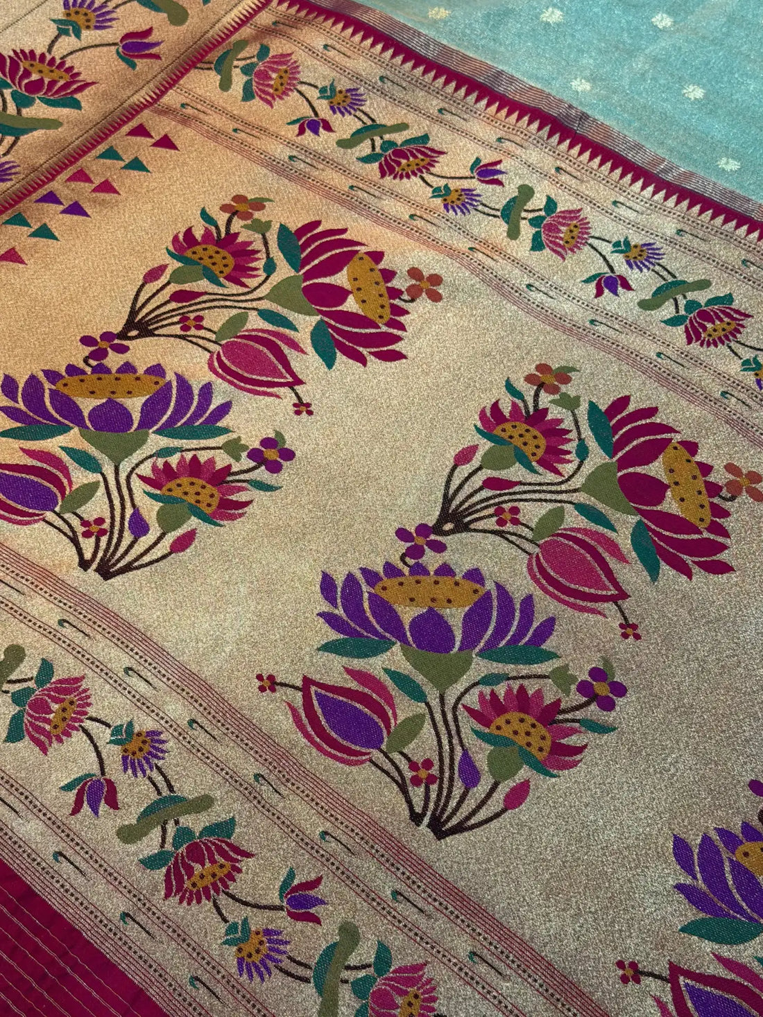 Banarasi Silk Roll Tissue Paithani Floral Design Sea Green