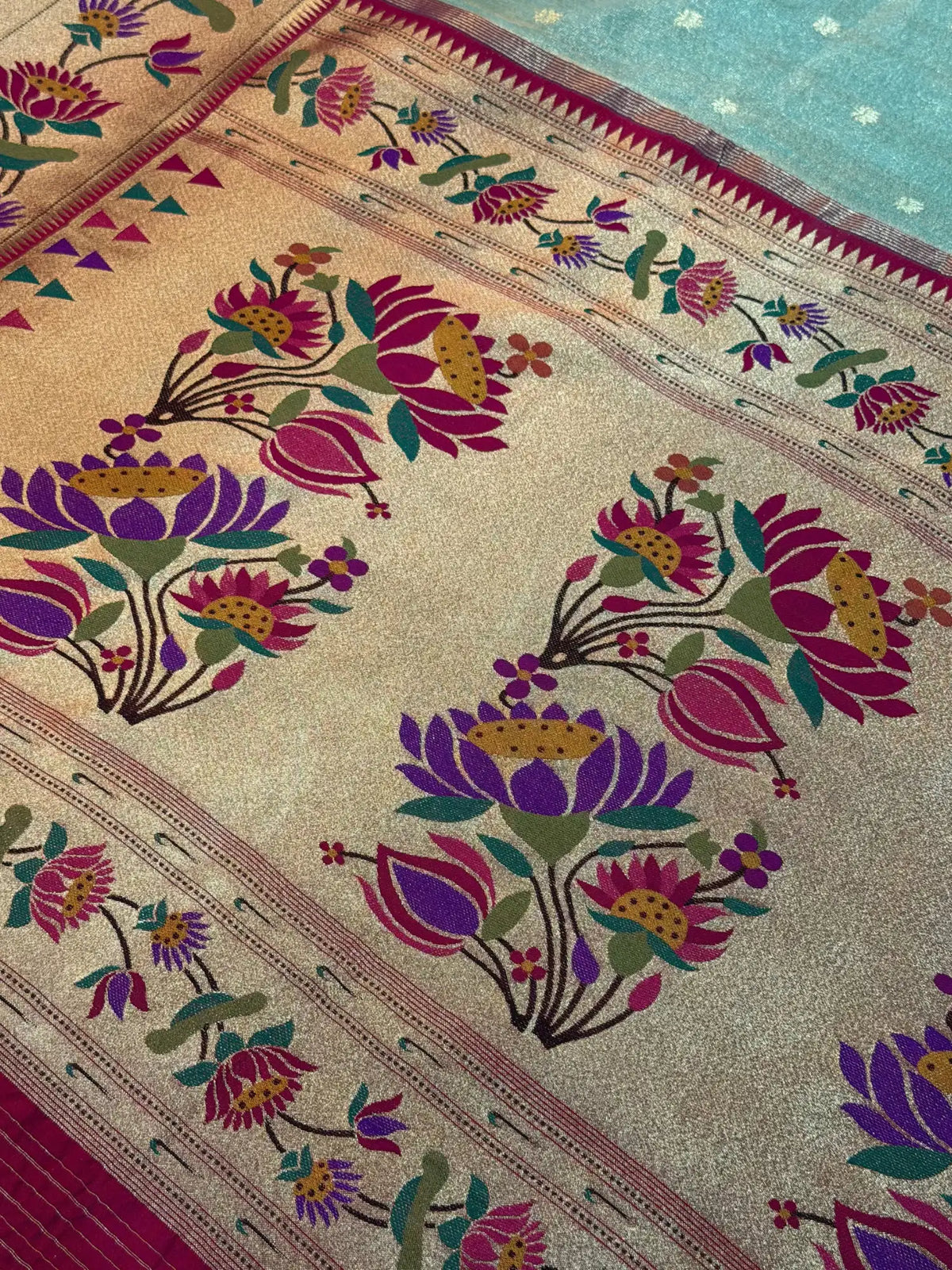 Banarasi Silk Roll Tissue Paithani Floral Design Sea Green