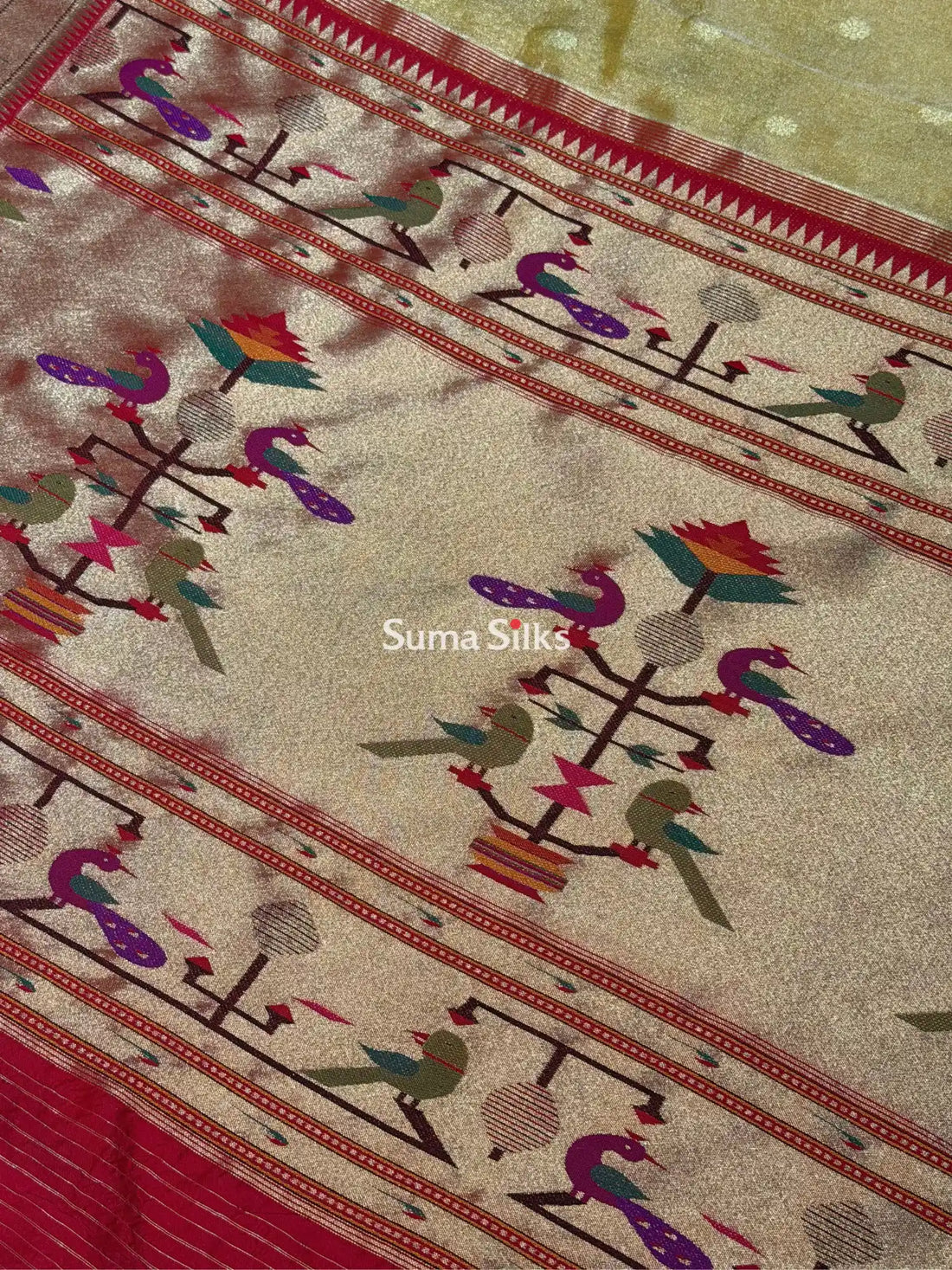 Banarasi Silk Roll Tissue Paithani Peacock Design Musturd