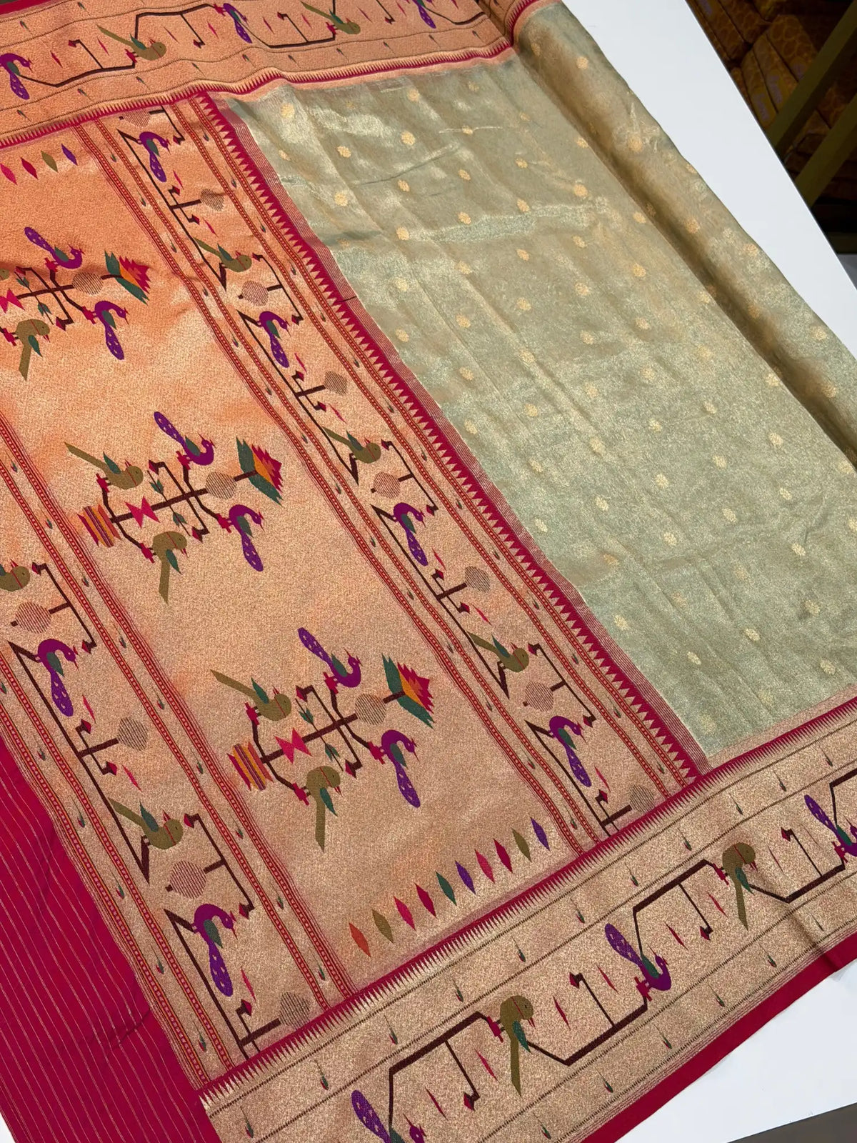 Banarasi Silk Roll Tissue Paithani Peacock Design Pista