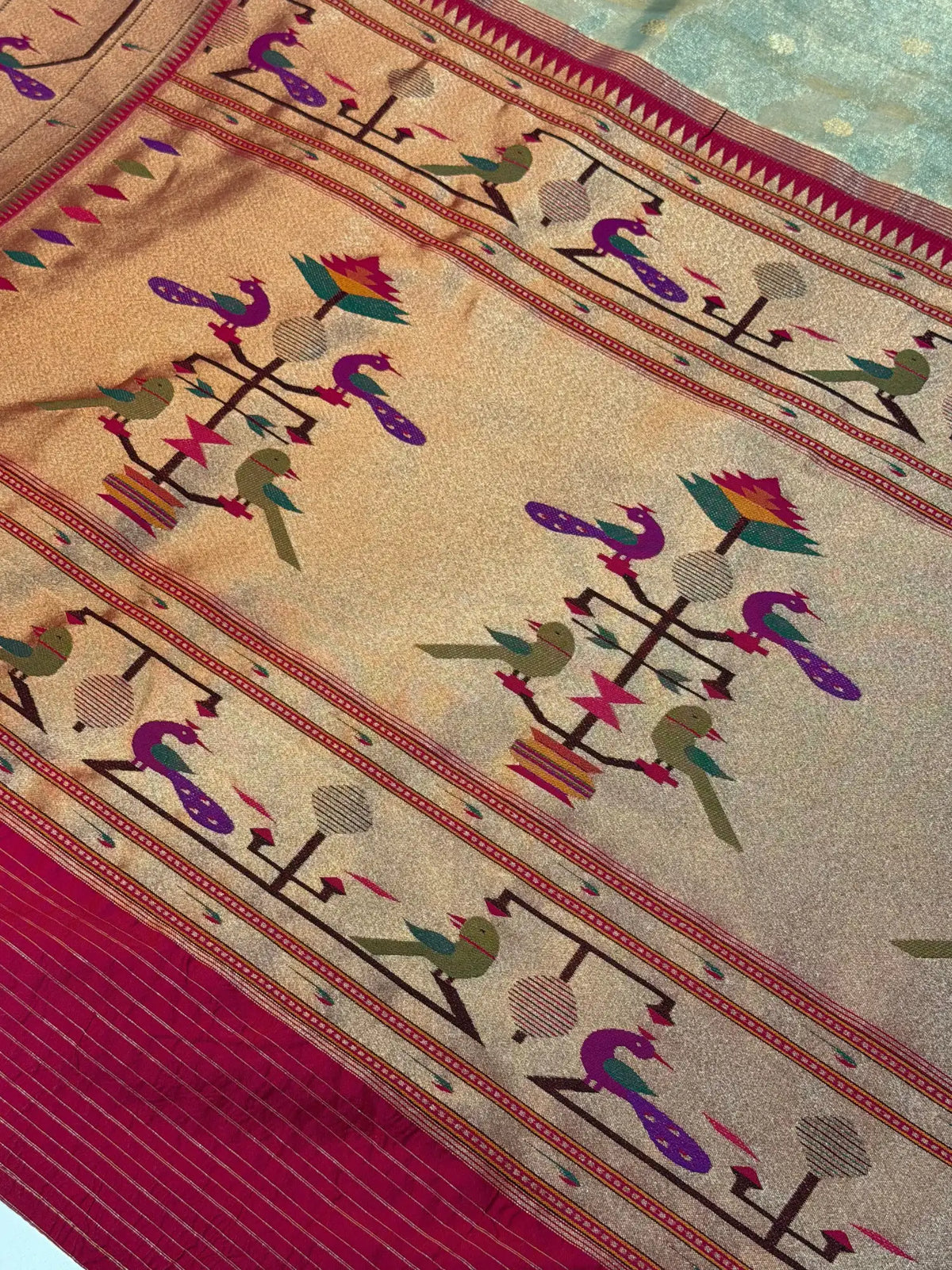 Banarasi Silk Roll Tissue Paithani Peacock Design Pista