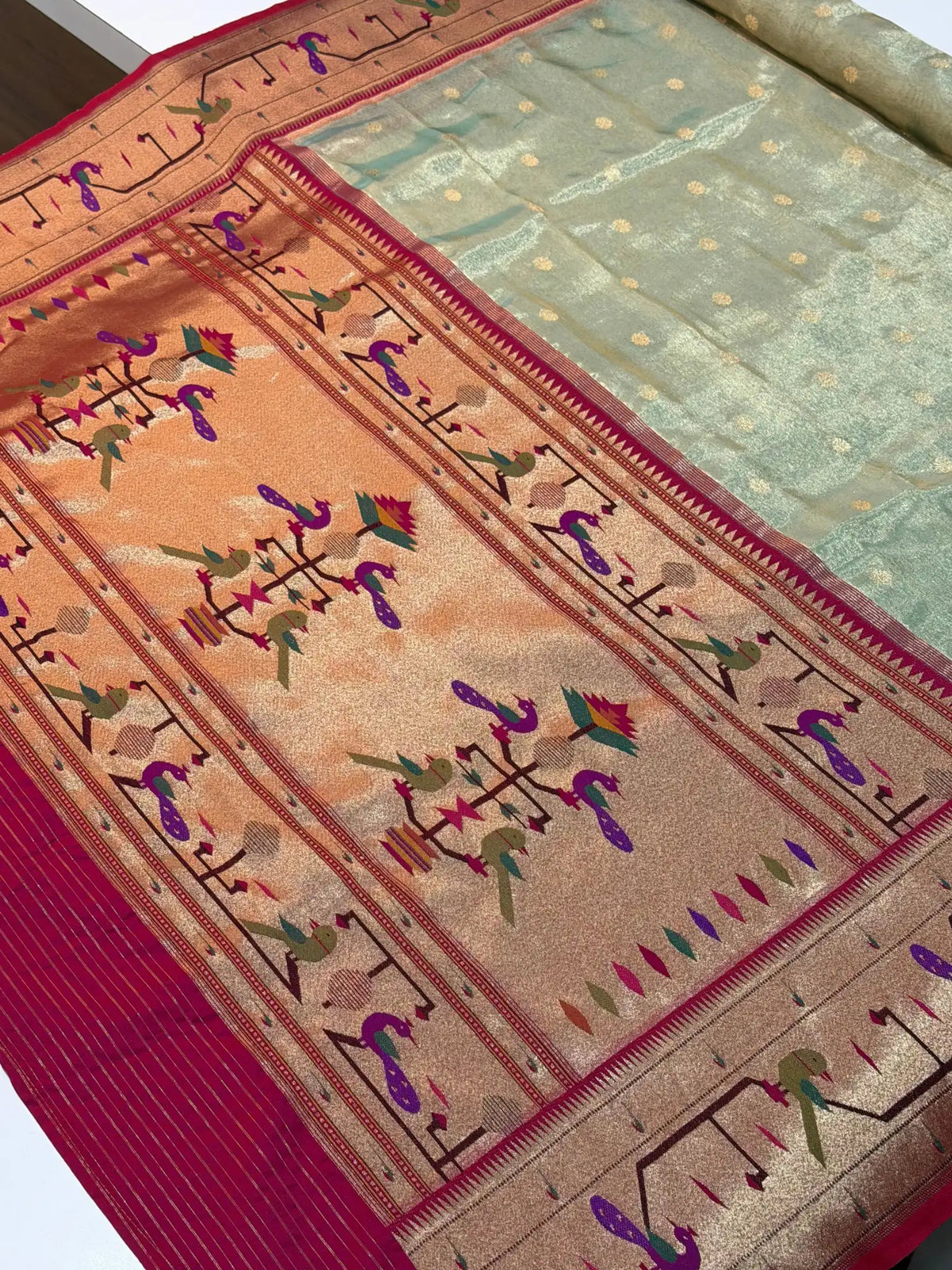 Banarasi Silk Roll Tissue Paithani Peacock Design Sea Green