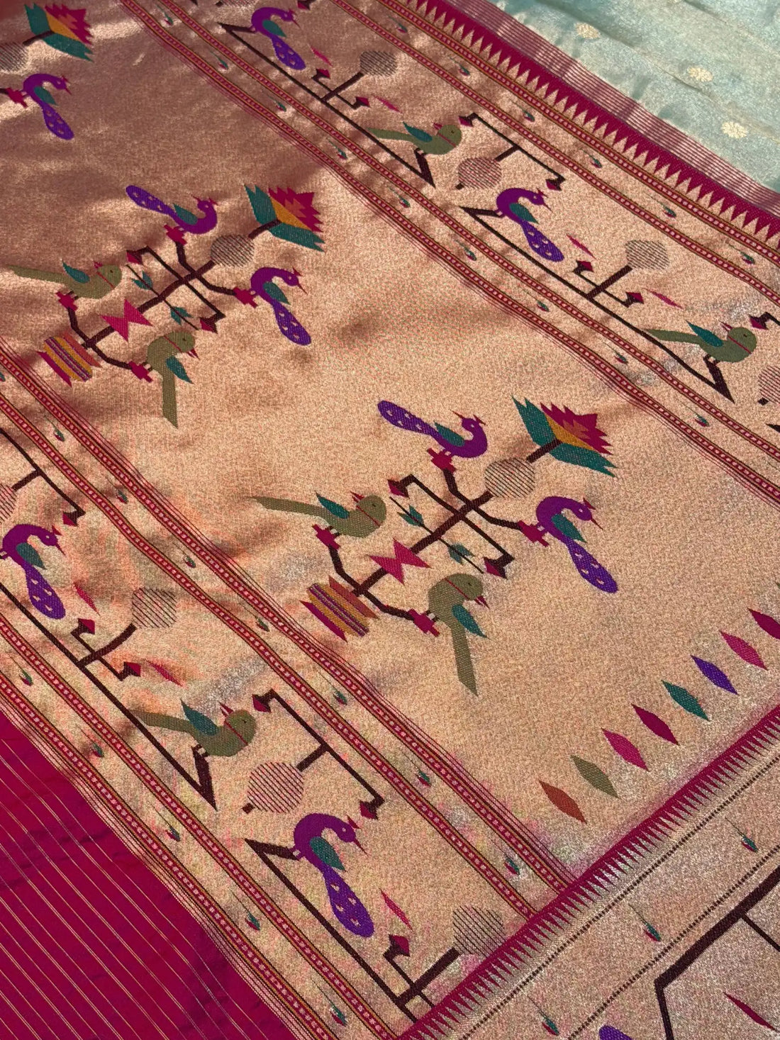 Banarasi Silk Roll Tissue Paithani Peacock Design Sea Green