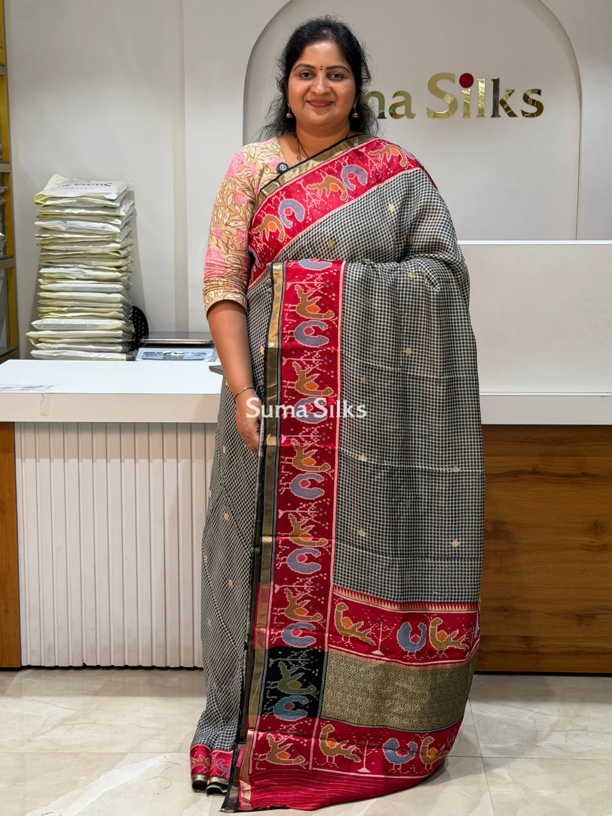 Bengal Silk Ilkal Checks Black Color Saree with Patola Border