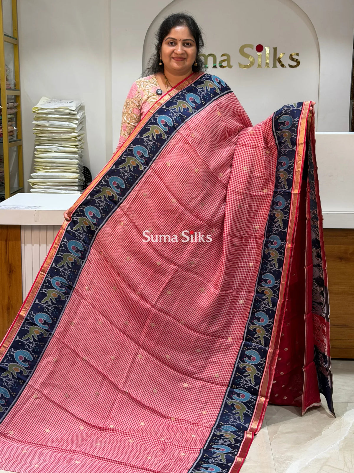 Bengal Silk Ilkal Checks Pink Color Saree with Patola Border