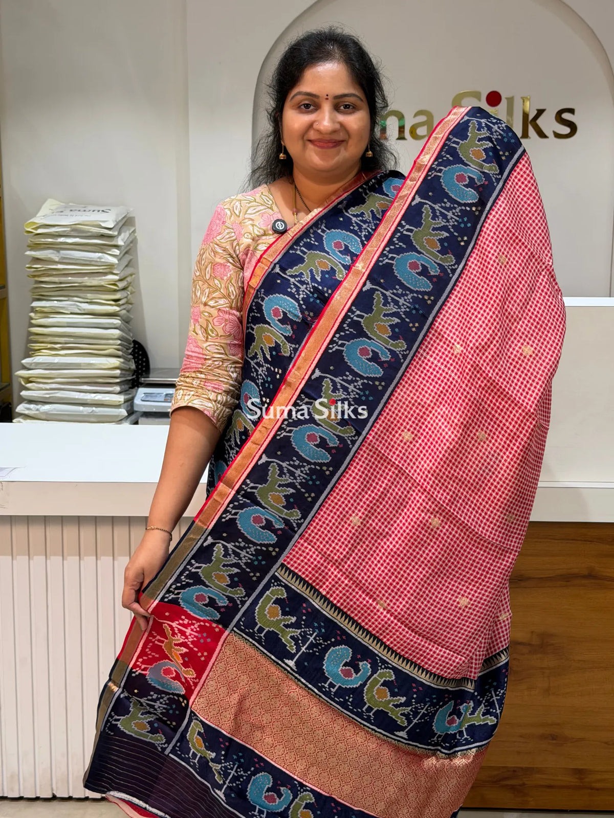 Bengal Silk Ilkal Checks Pink Color Saree with Patola Border