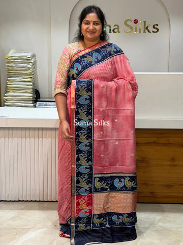 Bengal Silk Ilkal Checks Pink Color Saree with Patola Border