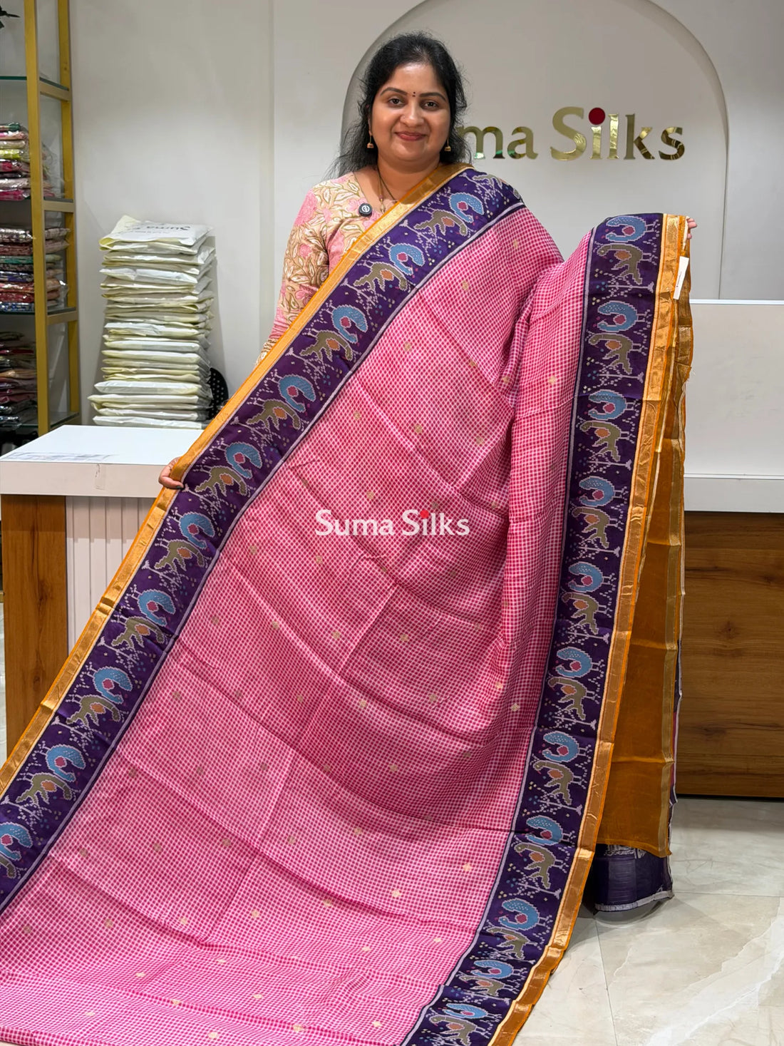 Bengal Silk Ilkal Checks Red Color Saree with Patola Border