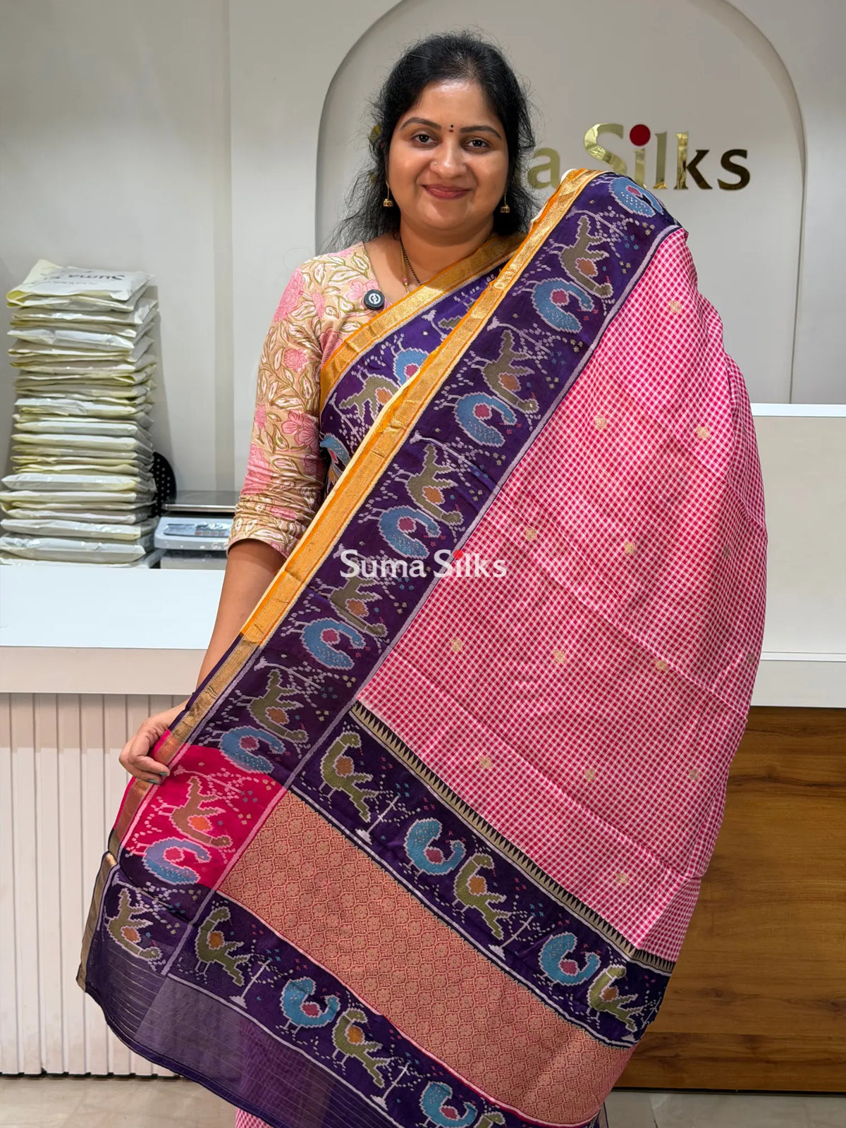 Bengal Silk Ilkal Checks Red Color Saree with Patola Border