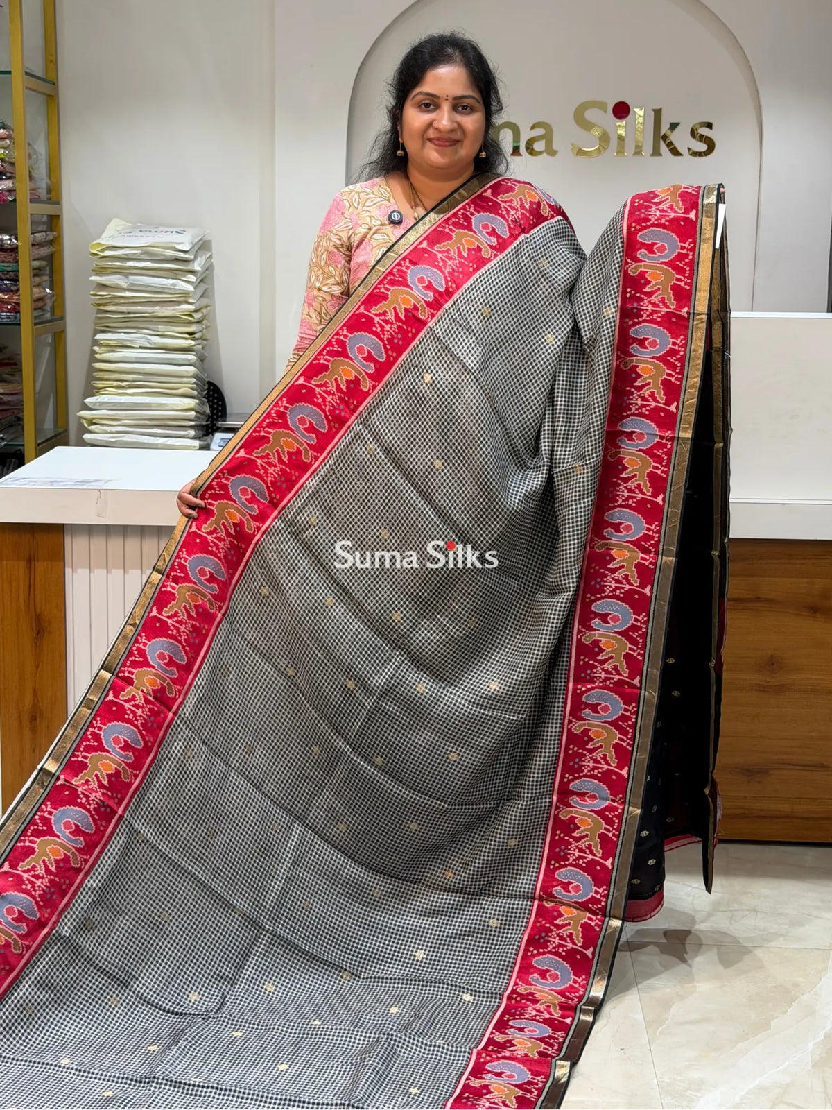 Bengal Silk Ilkal Checks Black Color Saree with Patola Border